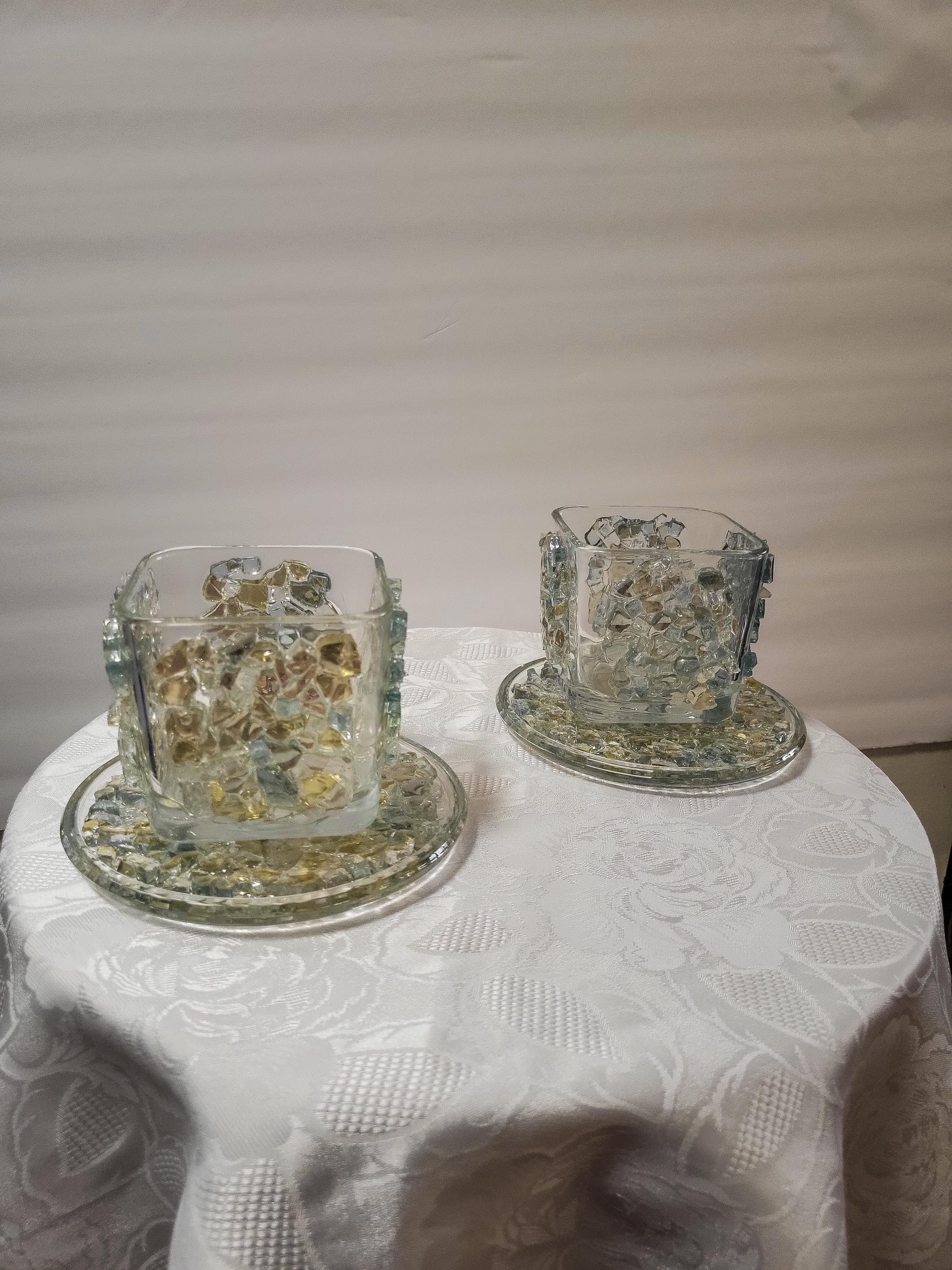 Blue/Gold Crystallized Votive Candle Holders - Handcrafted 3D Pair