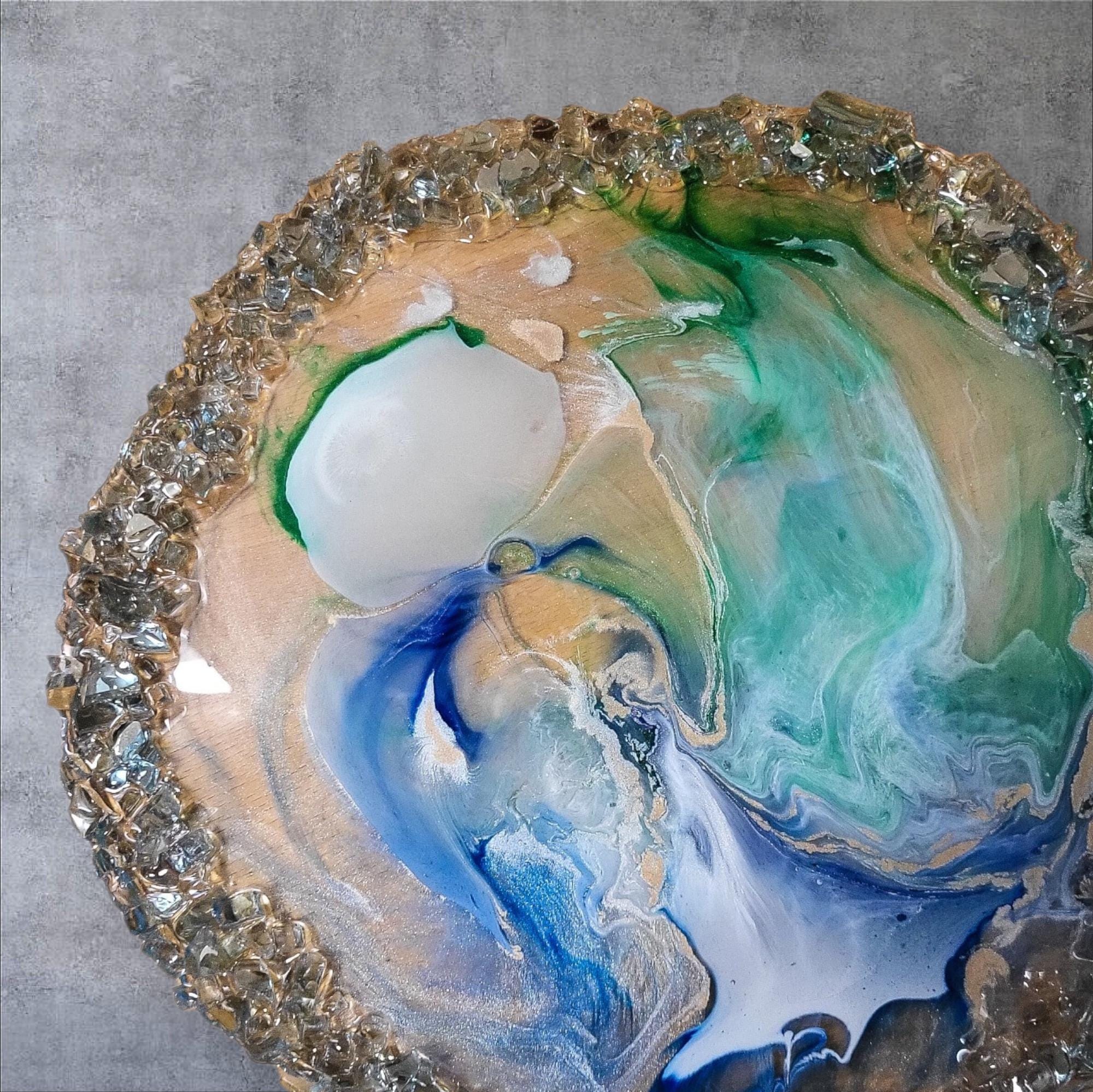 3D Resin Tray with Blue Crystals, Swirl Colors Home Decor