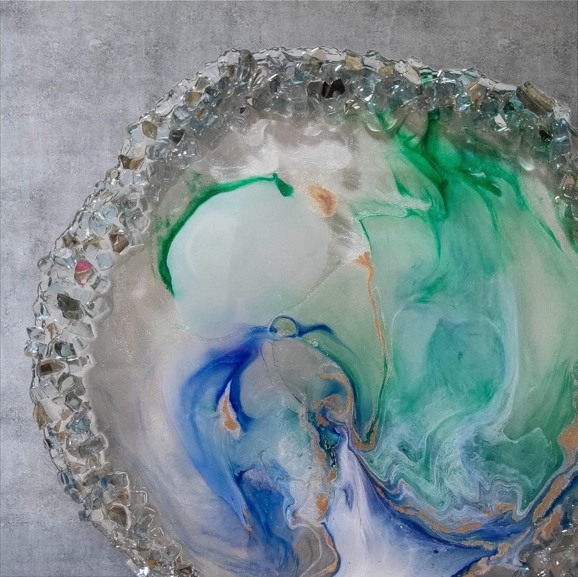 3D Resin Tray with Blue Crystals, Swirl Colors Home Decor