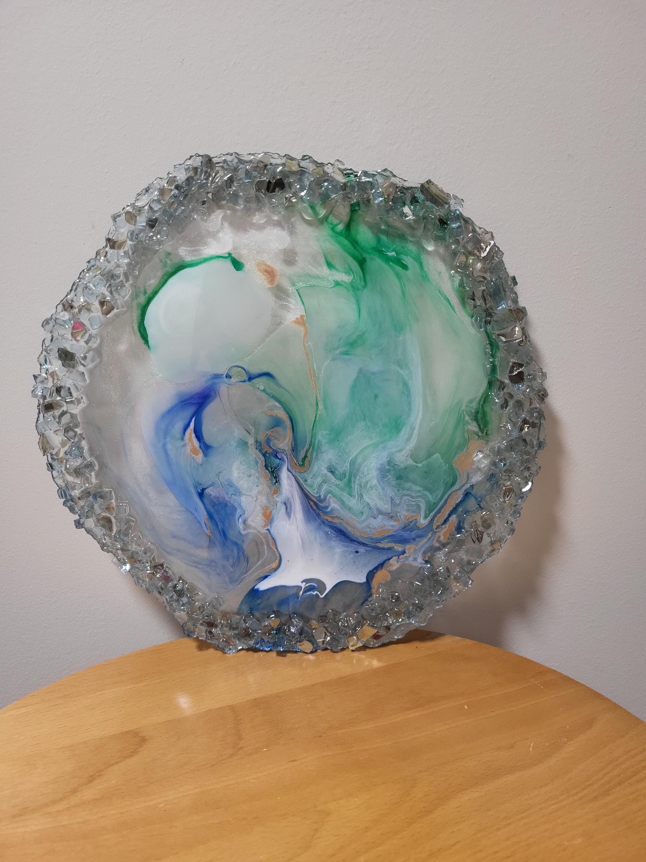 3D Resin Tray with Blue Crystals, Swirl Colors Home Decor