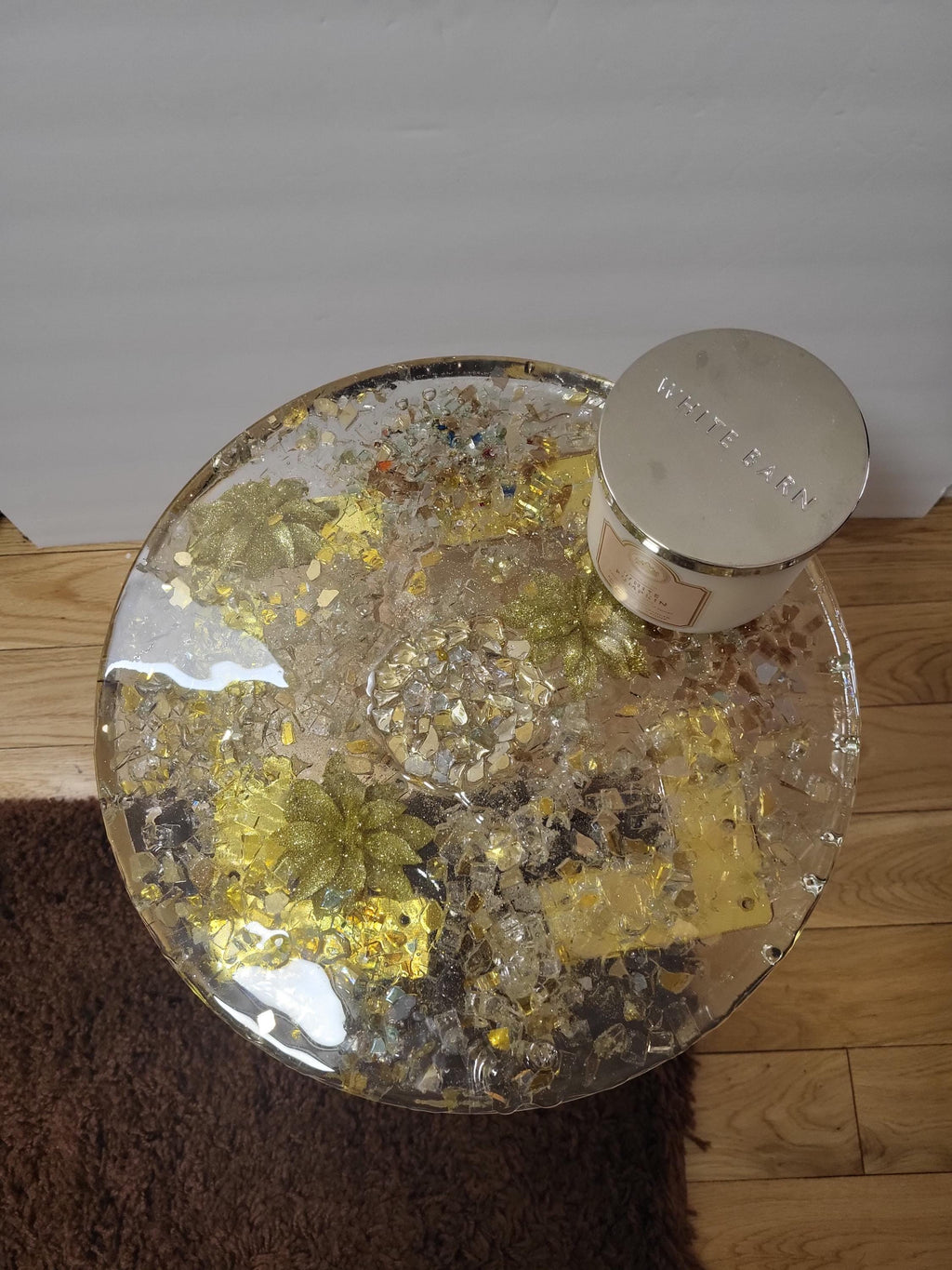 Golden hand-designed Resin Artwork Table with encased Crystals: Accent Decor Table