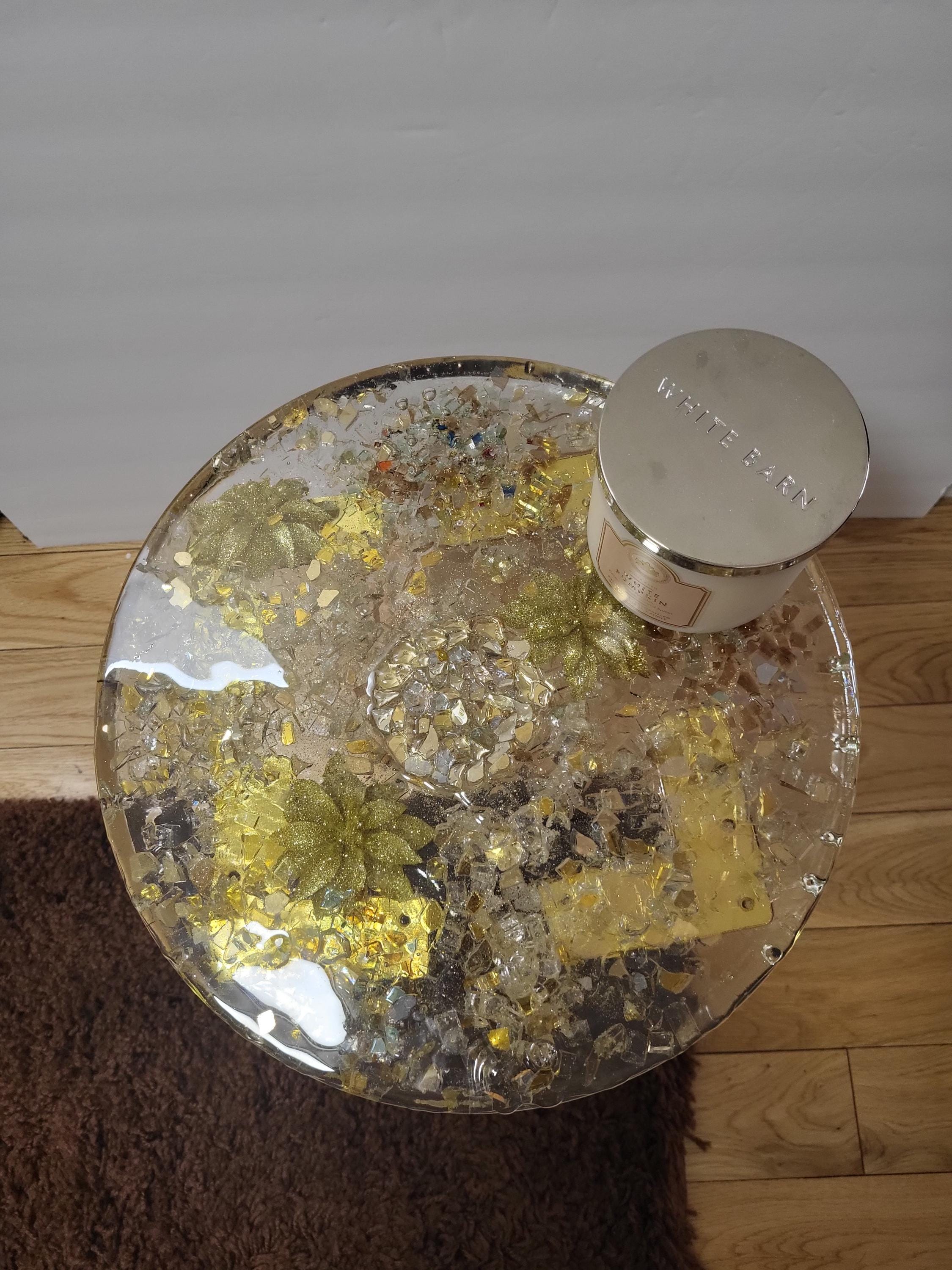 Golden hand-designed Resin Artwork Table with encased Crystals: Accent Decor Table
