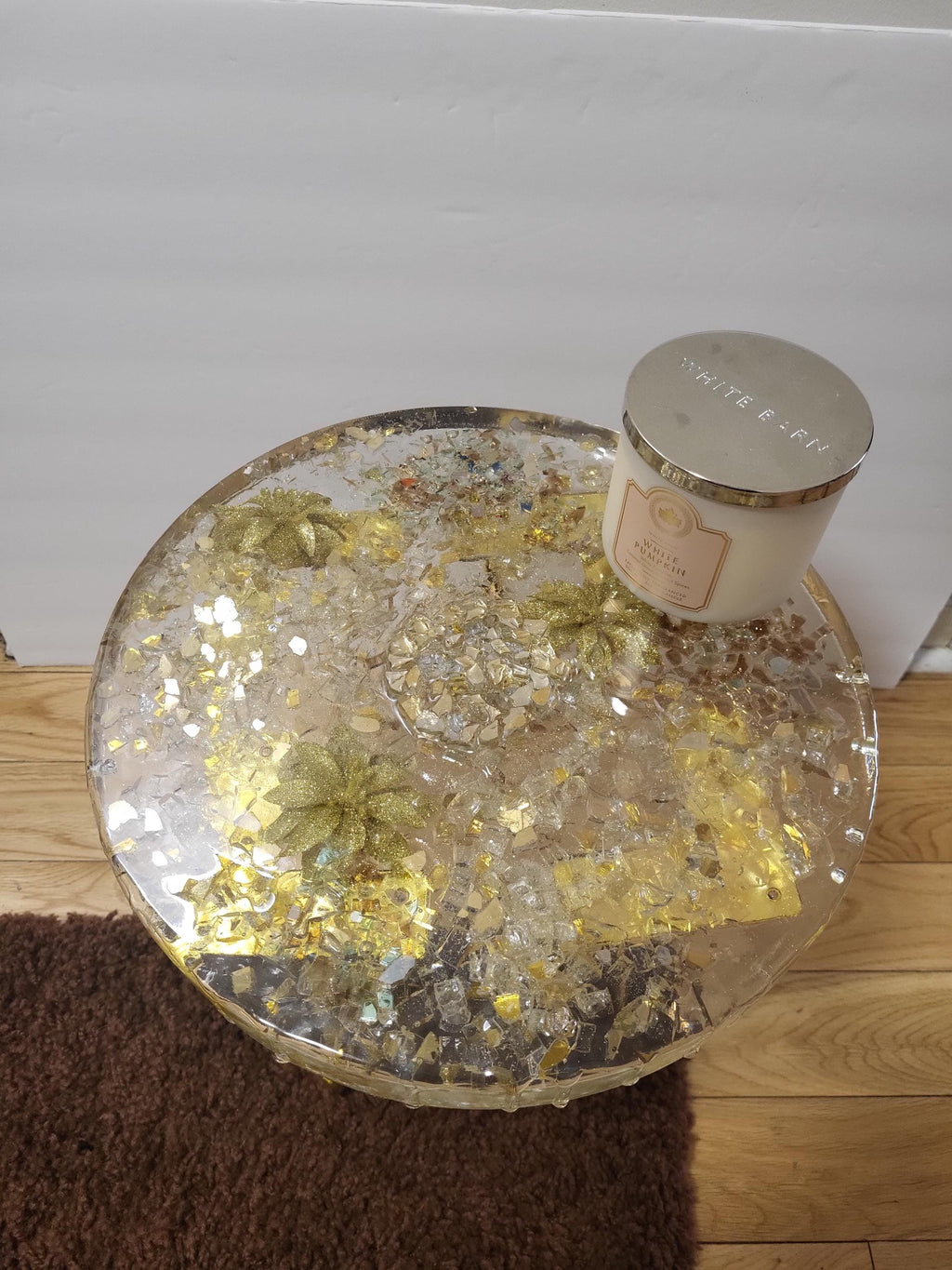 Golden hand-designed Resin Artwork Table with encased Crystals: Accent Decor Table