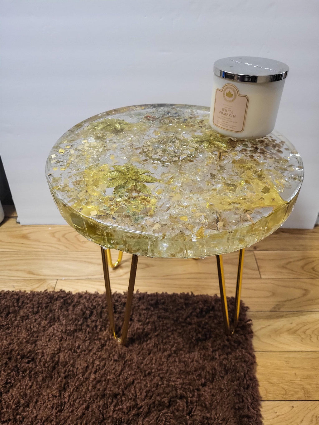 Golden hand-designed Resin Artwork Table with encased Crystals: Accent Decor Table