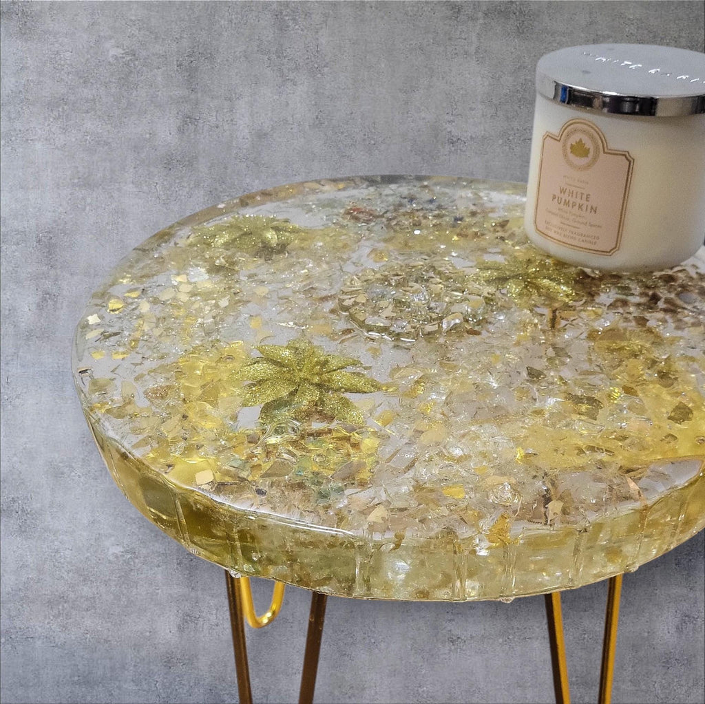 Golden hand-designed Resin Artwork Table with encased Crystals: Accent Decor Table