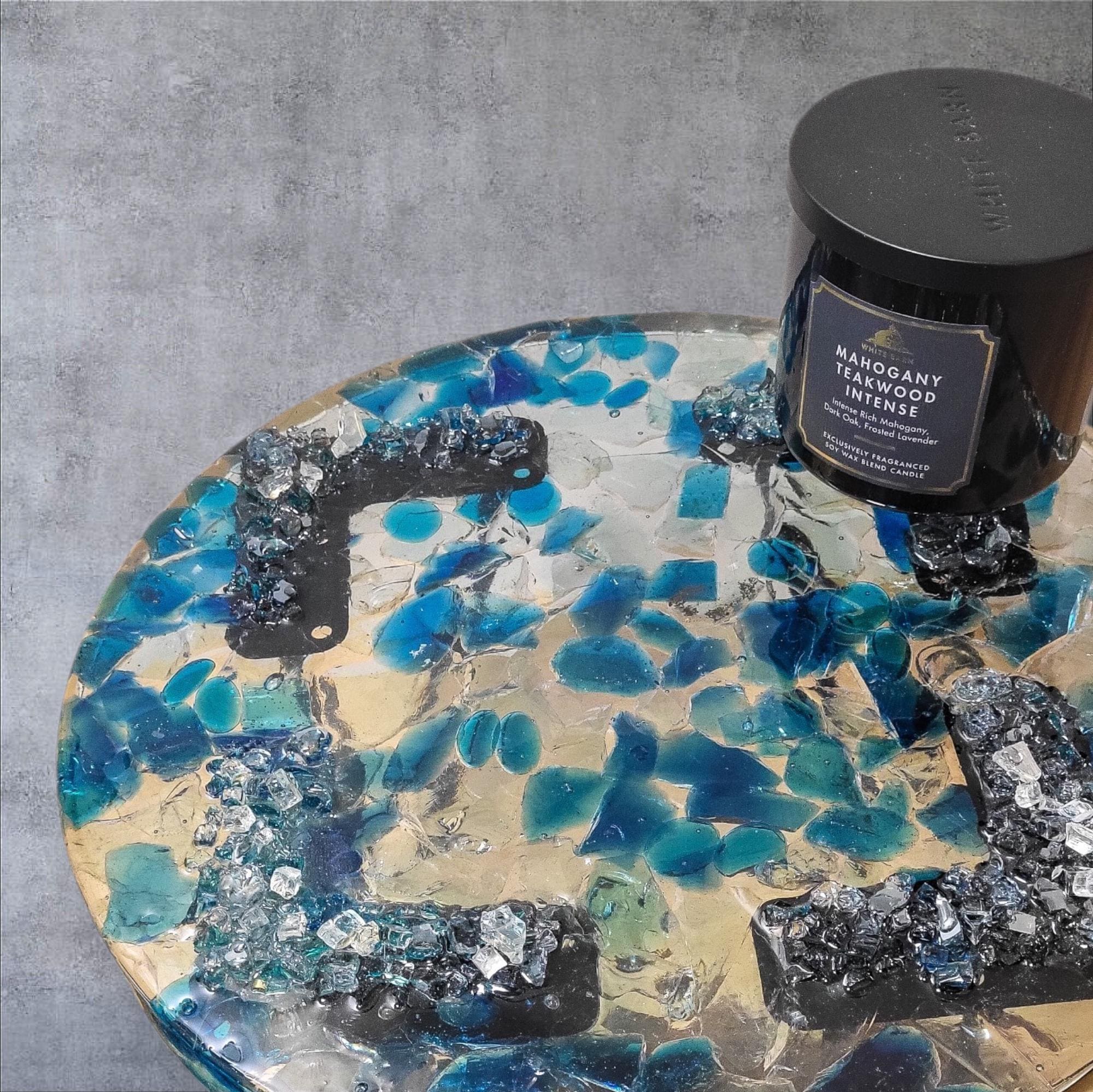 Bluish Green and Clear hand-designed Resin Artwork Table with Crystals: Accent Decor Table