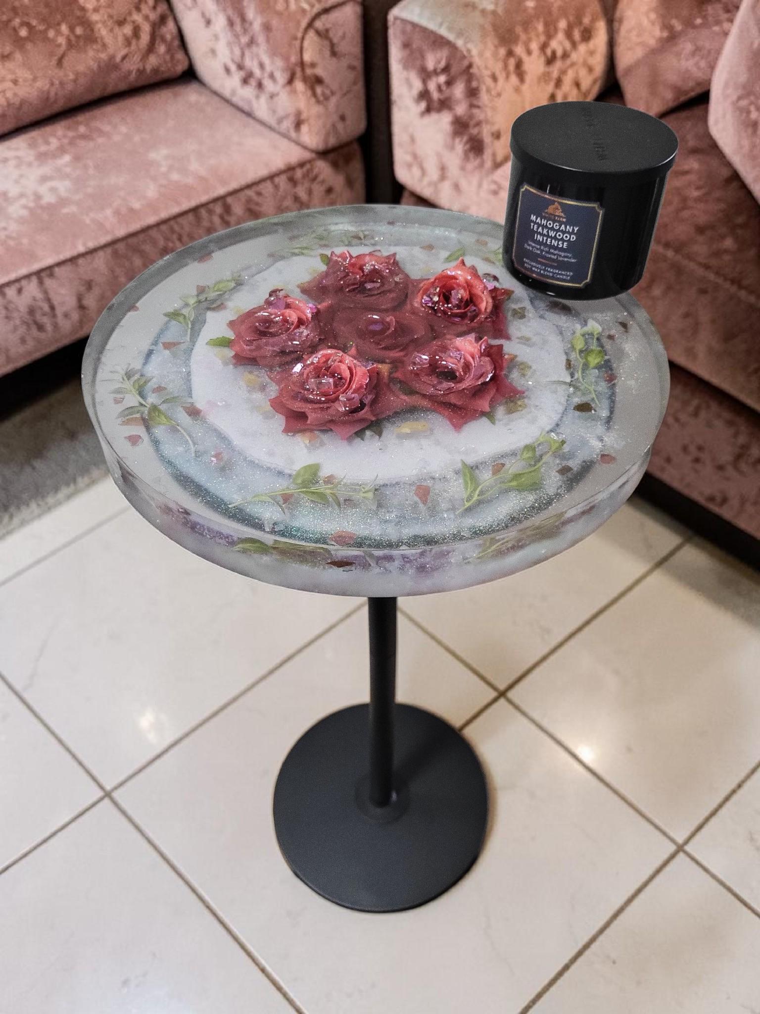 Pink Floral Roses Hand-designed Resin Artwork Table with Crystals: Accent Decor Table