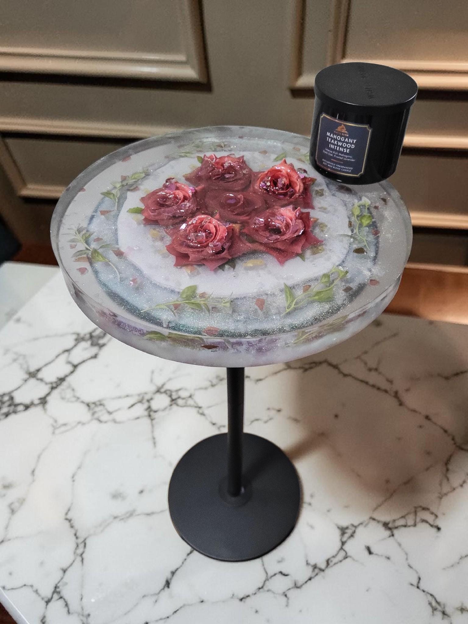 Pink Floral Roses Hand-designed Resin Artwork Table with Crystals: Accent Decor Table