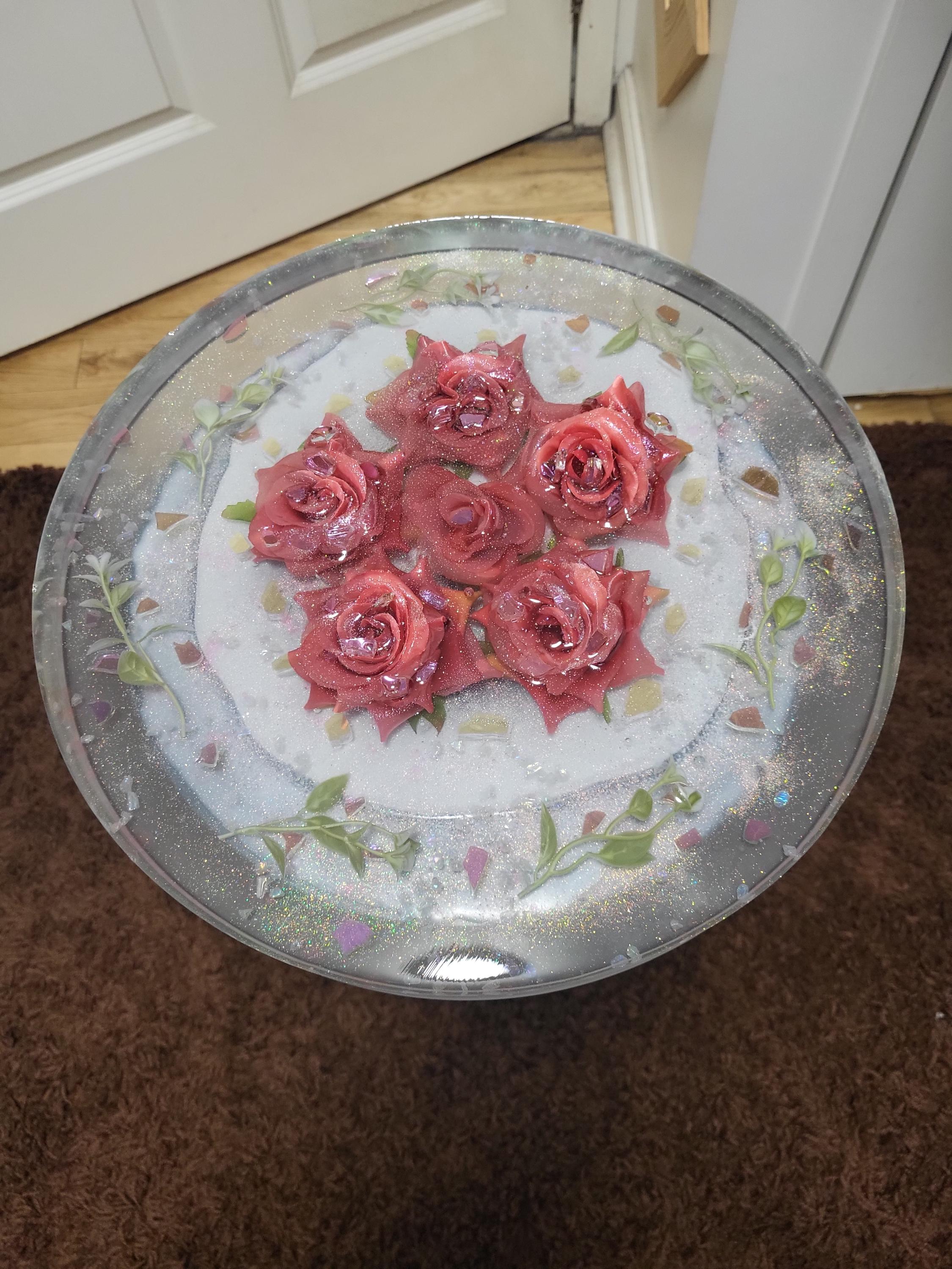 Pink Floral Roses Hand-designed Resin Artwork Table with Crystals: Accent Decor Table