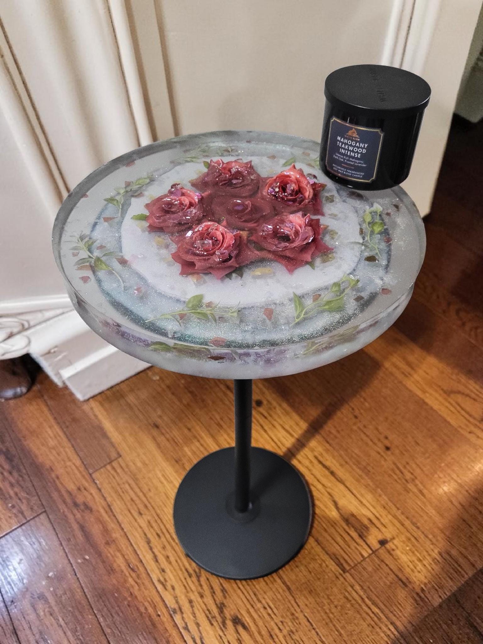 Pink Floral Roses Hand-designed Resin Artwork Table with Crystals: Accent Decor Table