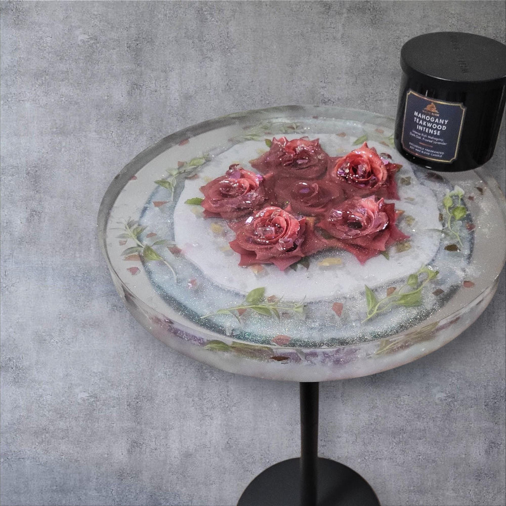 Pink Floral Roses Hand-designed Resin Artwork Table with Crystals: Accent Decor Table