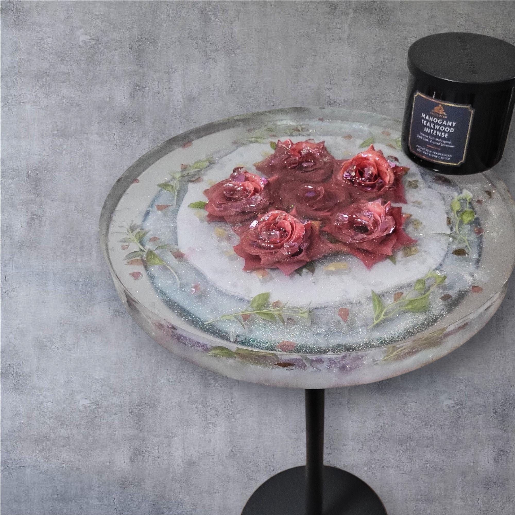 Pink Floral Roses Hand-designed Resin Artwork Table with Crystals: Accent Decor Table