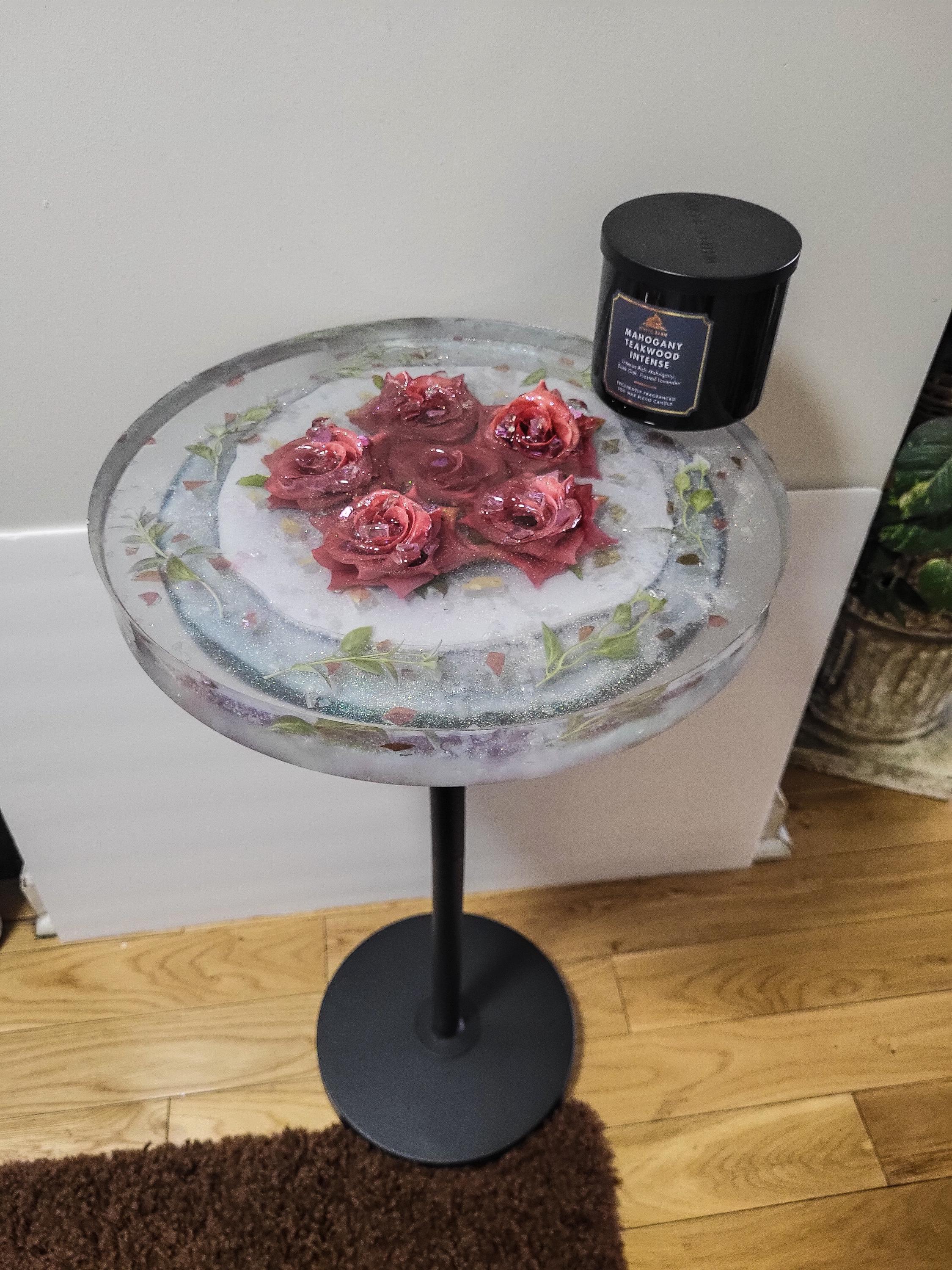 Pink Floral Roses Hand-designed Resin Artwork Table with Crystals: Accent Decor Table