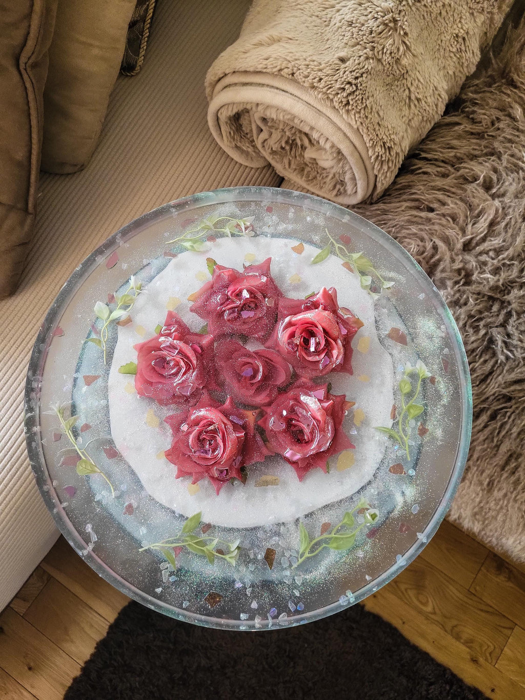 Pink Floral Roses Hand-designed Resin Artwork Table with Crystals: Accent Decor Table