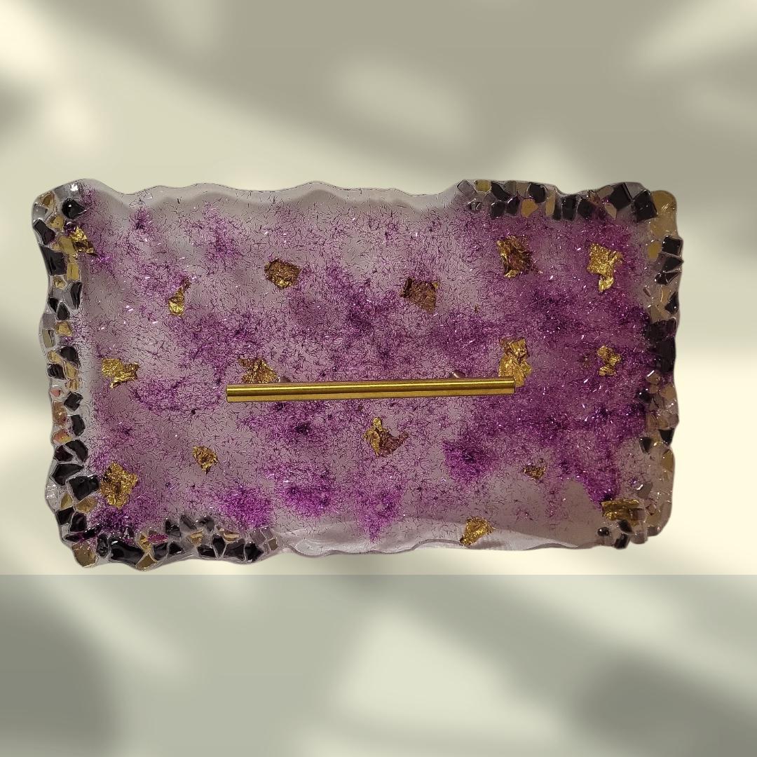 Hand-Designed Purple and Gold Acrylic Decor Tray with crystals
