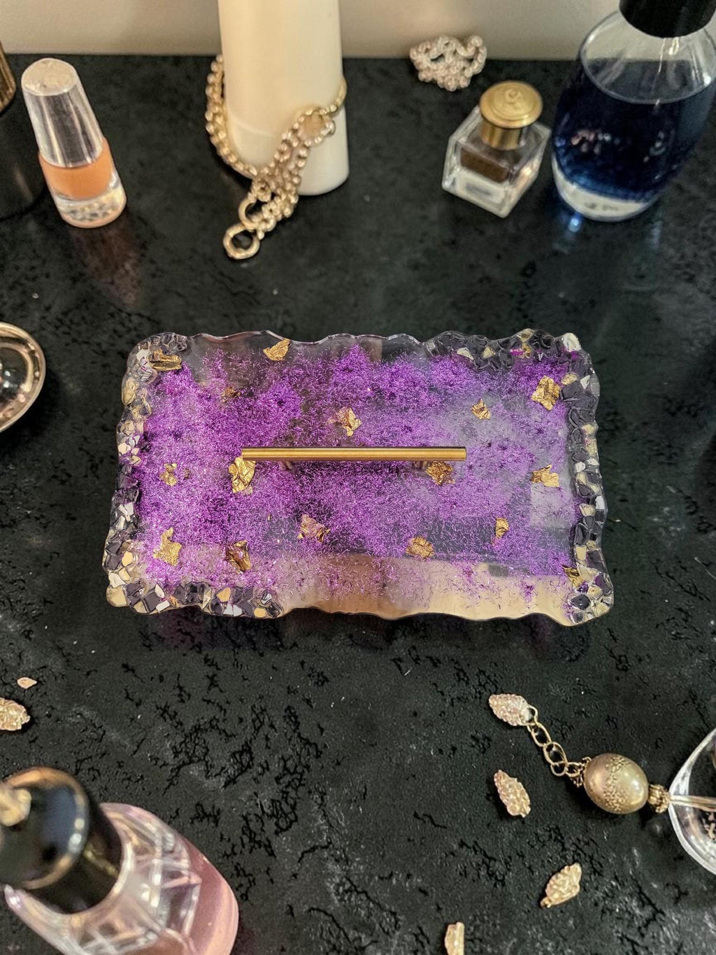 Hand-Designed Purple and Gold Acrylic Decor Tray with crystals