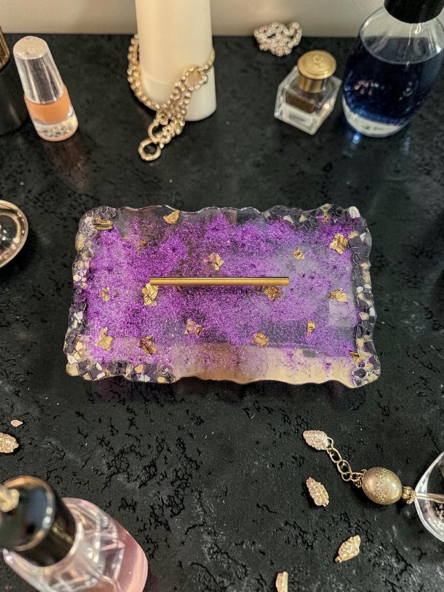 Hand-Designed Purple and Gold Acrylic Decor Tray with crystals