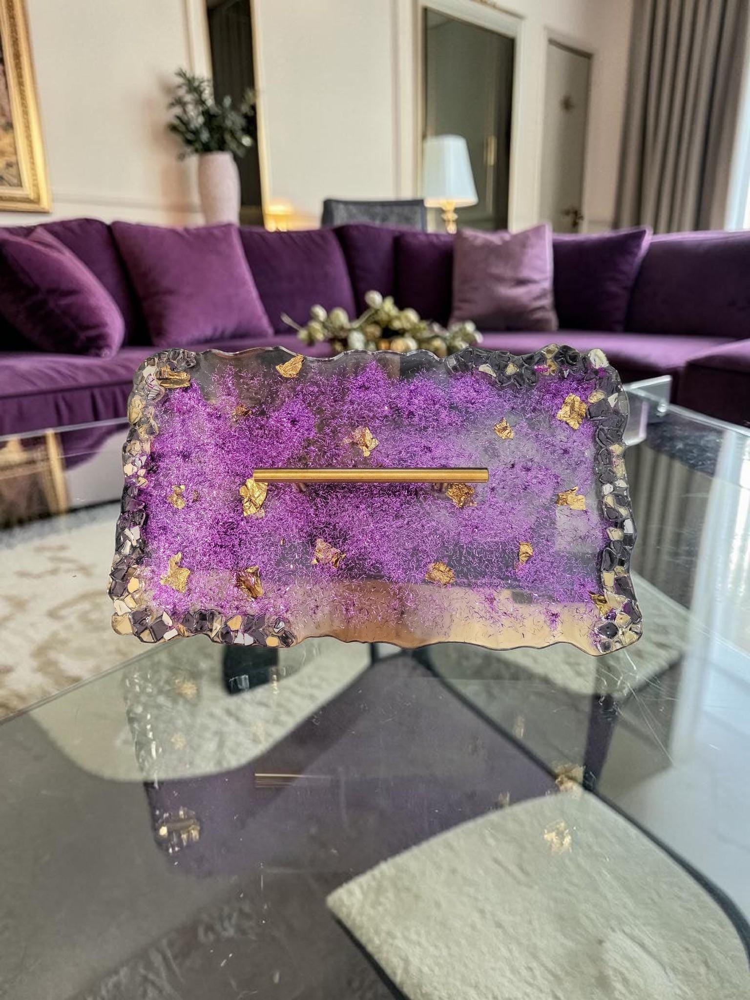 Hand-Designed Purple and Gold Acrylic Decor Tray with crystals