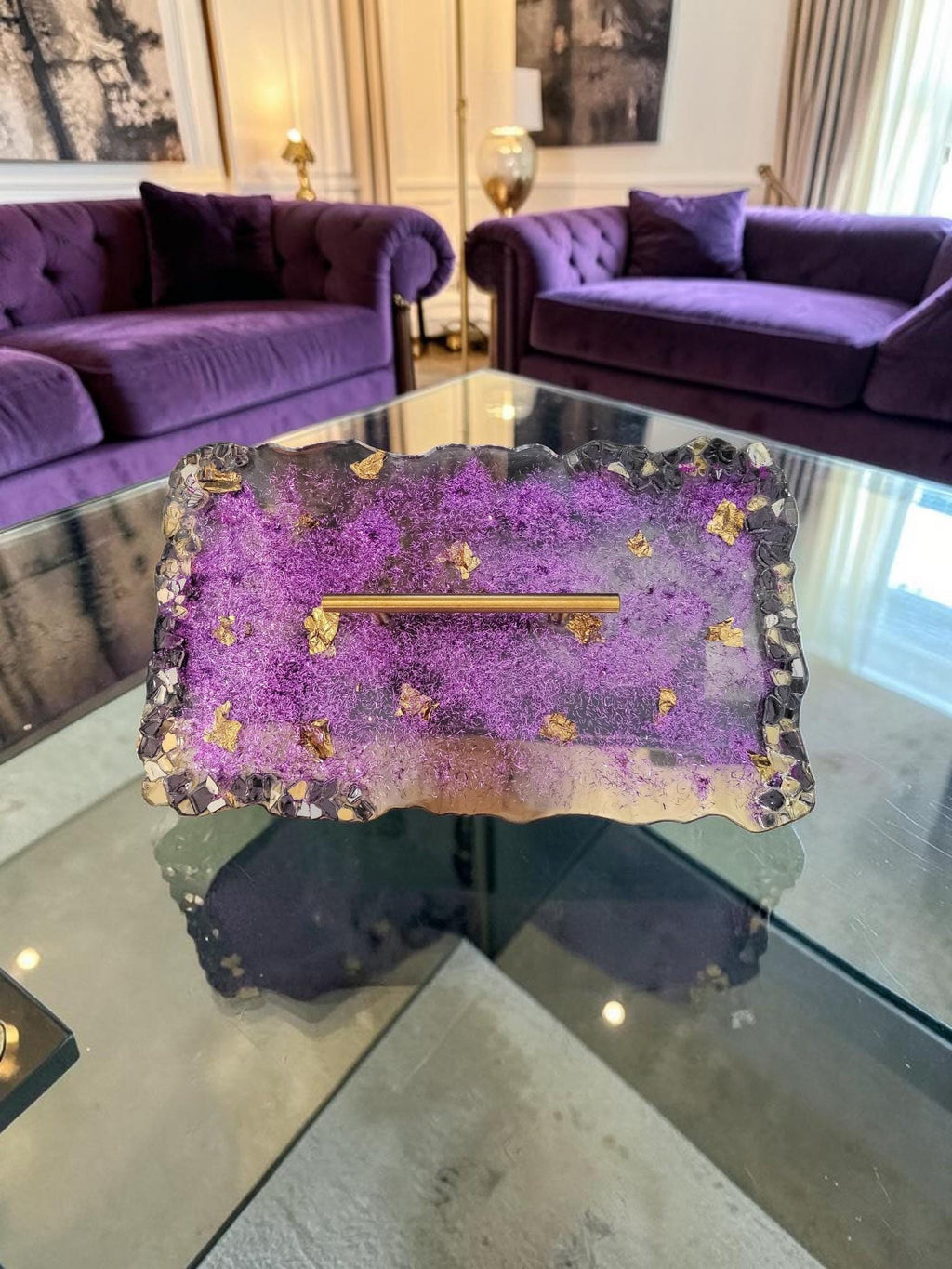 Hand-Designed Purple and Gold Acrylic Decor Tray with crystals