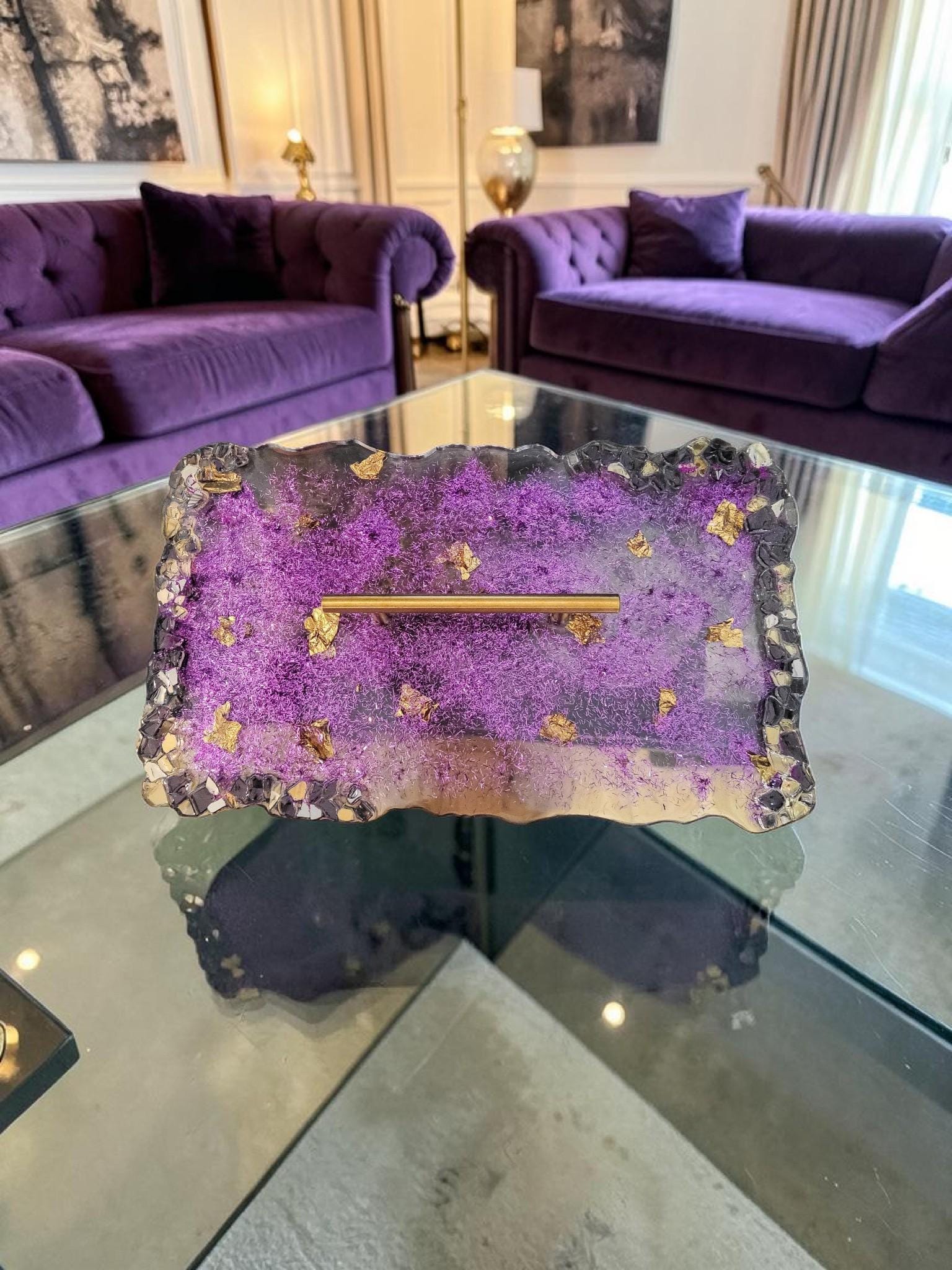 Hand-Designed Purple and Gold Acrylic Decor Tray with crystals