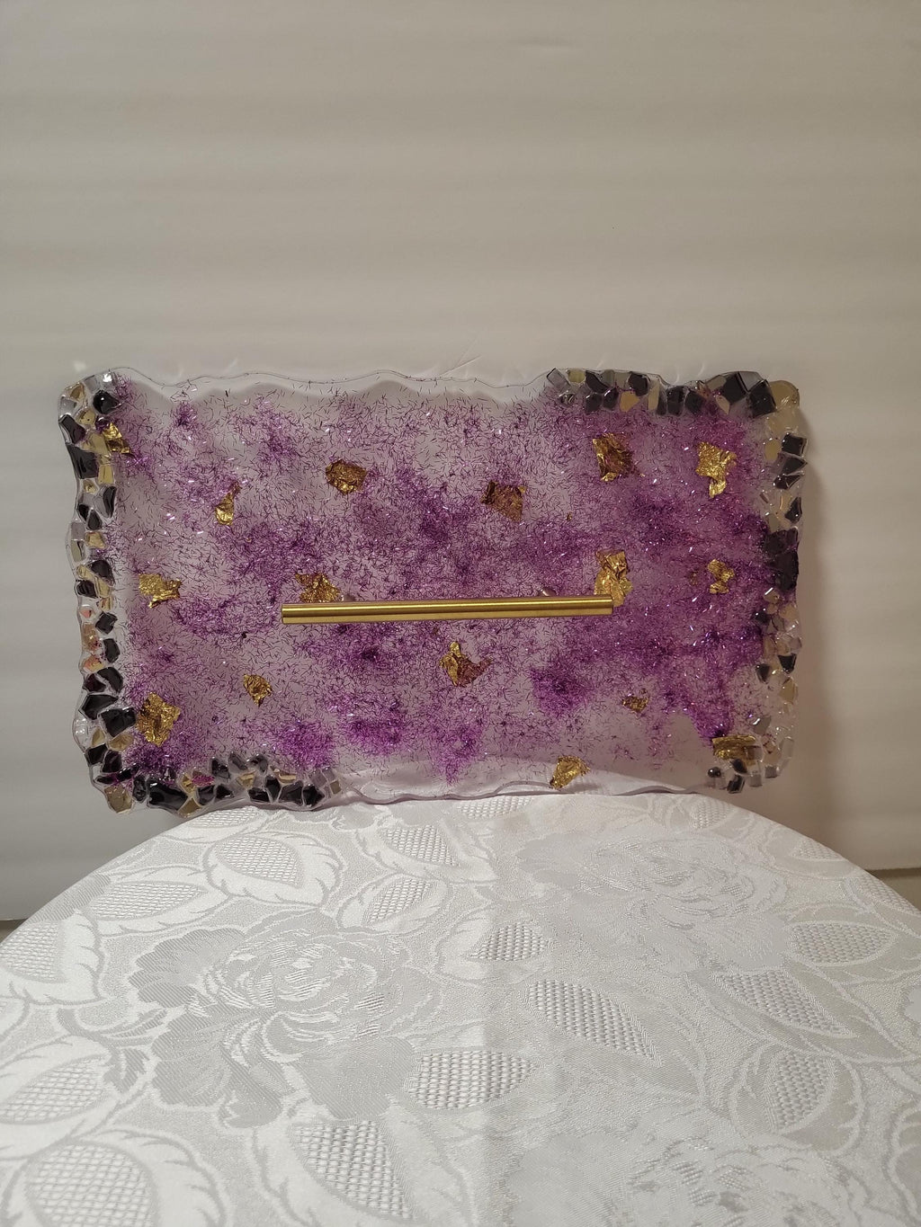 Hand-Designed Purple and Gold Acrylic Decor Tray with crystals