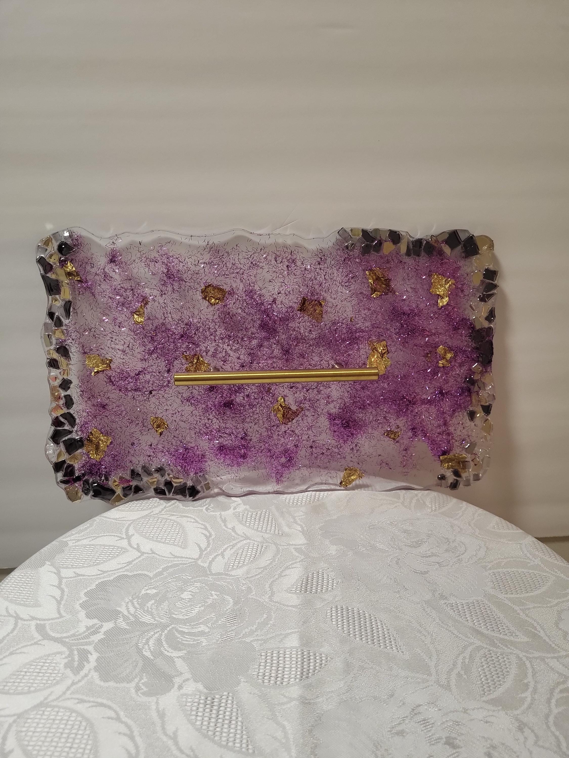 Hand-Designed Purple and Gold Acrylic Decor Tray with crystals
