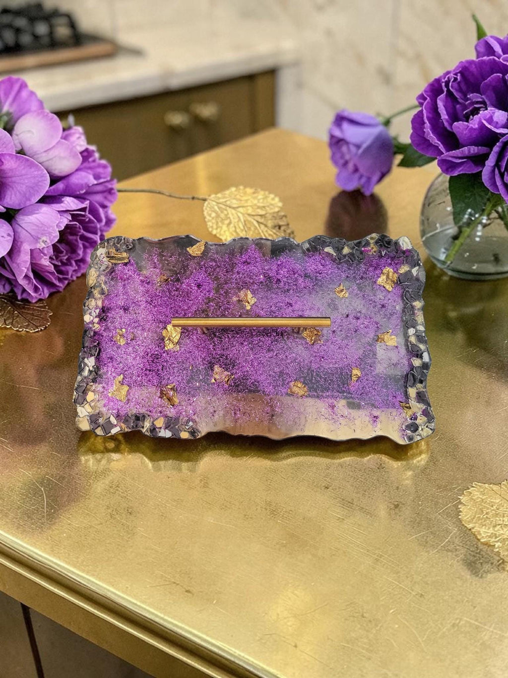 Hand-Designed Purple and Gold Acrylic Decor Tray with crystals