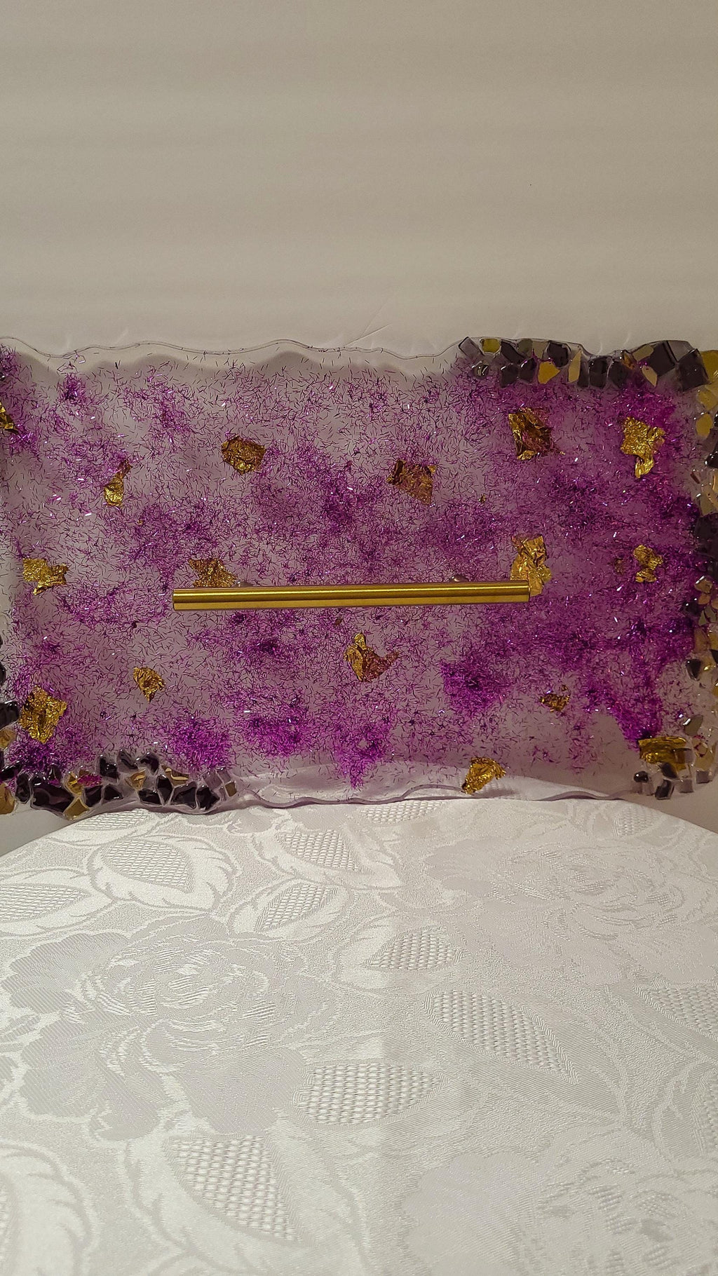 Hand-Designed Purple and Gold Acrylic Decor Tray with crystals