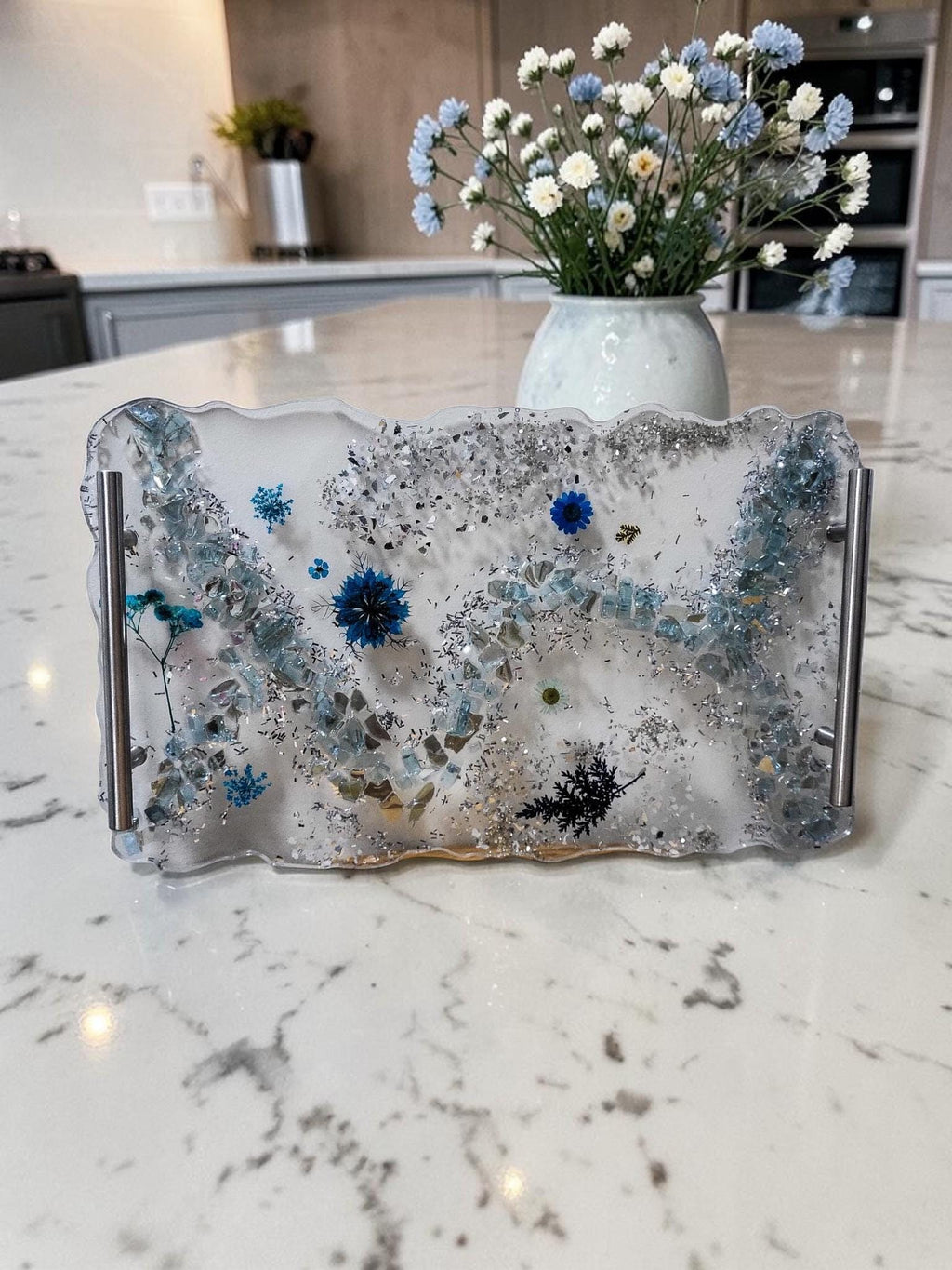 Hand-Designed Clear Acrylic Decor Tray with blue/silver crystals and blue encased floral
