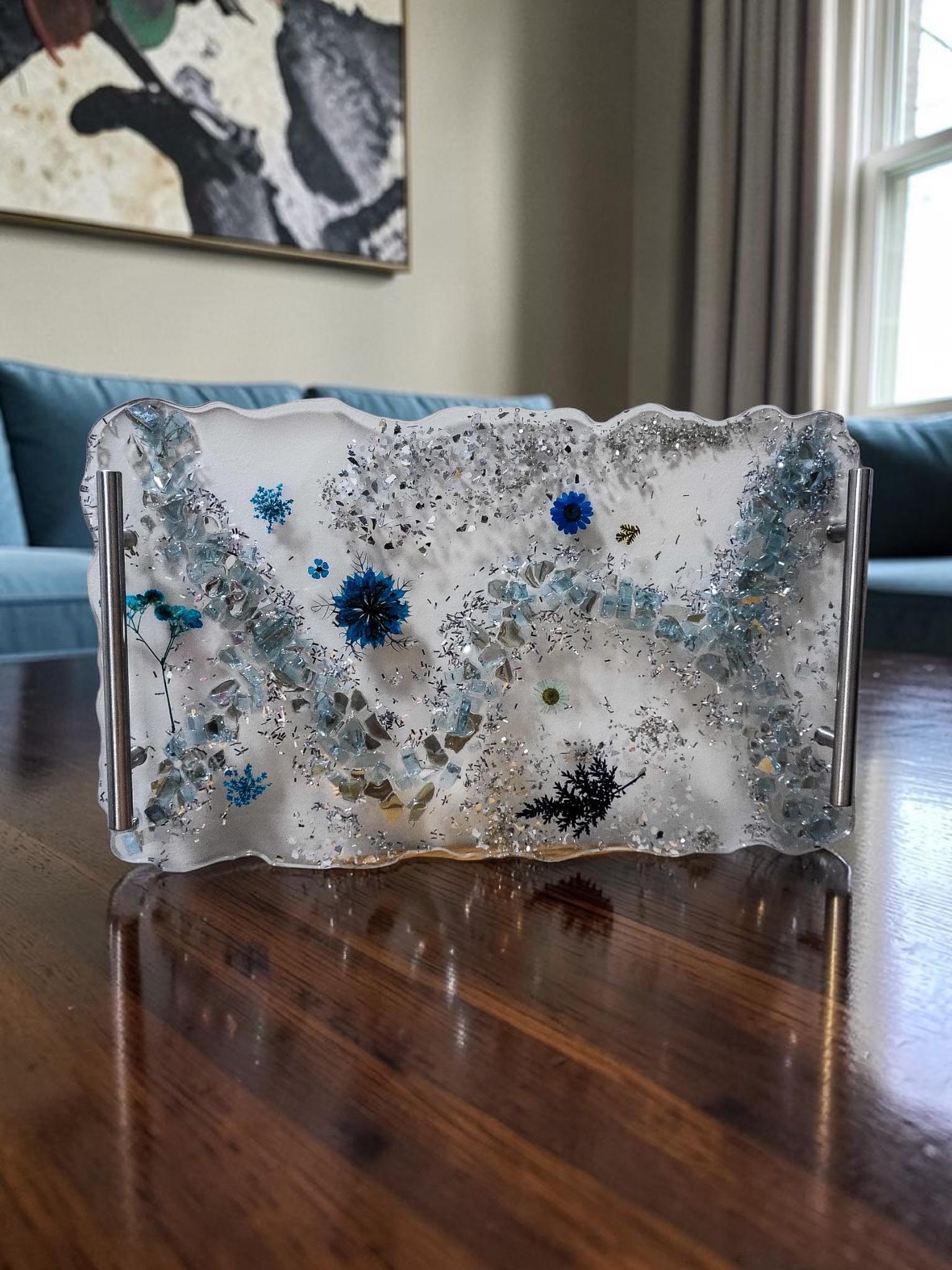 Hand-Designed Clear Acrylic Decor Tray with blue/silver crystals and blue encased floral