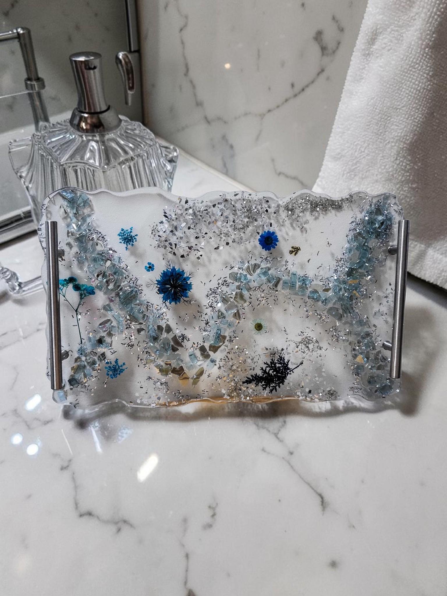 Hand-Designed Clear Acrylic Decor Tray with blue/silver crystals and blue encased floral
