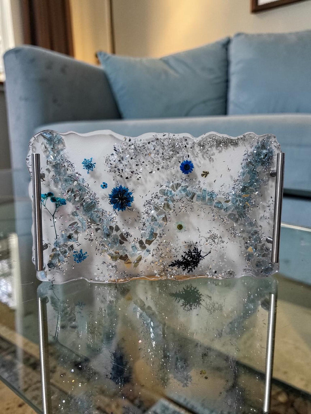 Hand-Designed Clear Acrylic Decor Tray with blue/silver crystals and blue encased floral