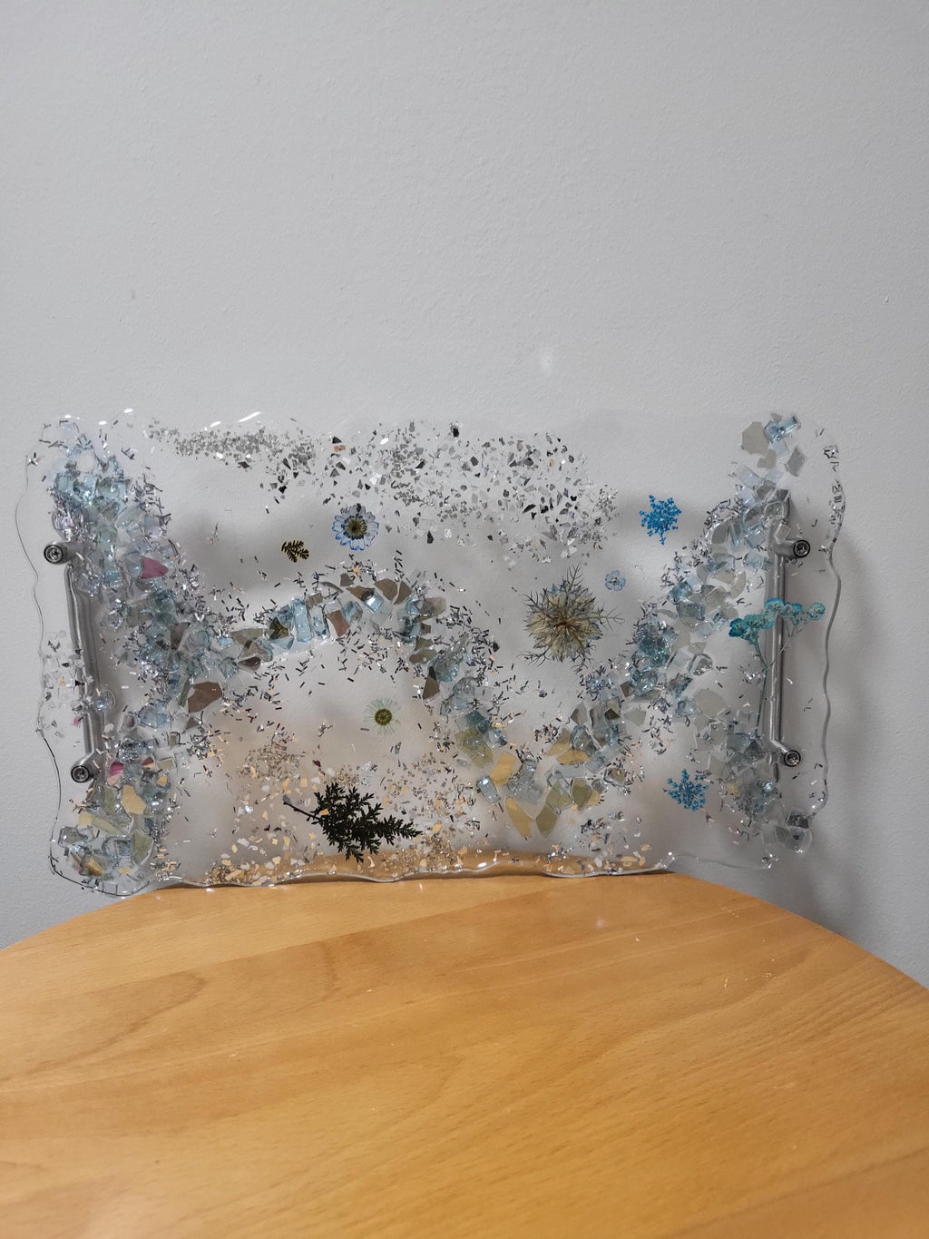 Hand-Designed Clear Acrylic Decor Tray with blue/silver crystals and blue encased floral