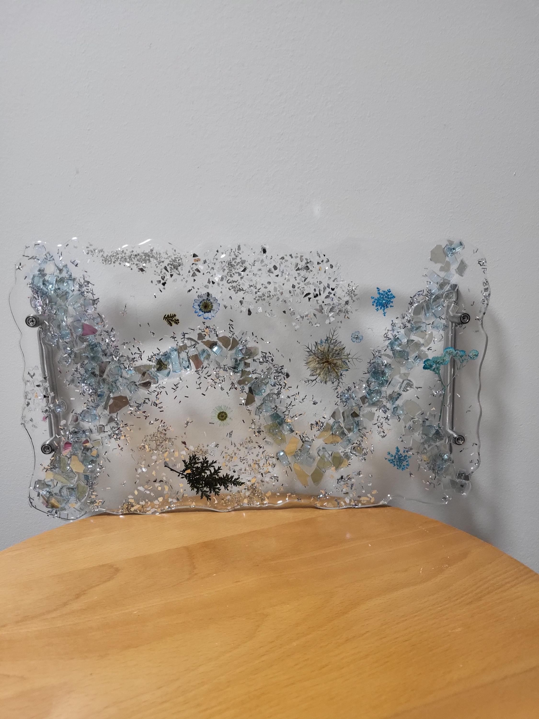Hand-Designed Clear Acrylic Decor Tray with blue/silver crystals and blue encased floral
