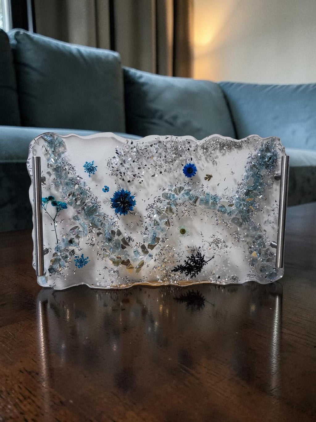 Hand-Designed Clear Acrylic Decor Tray with blue/silver crystals and blue encased floral