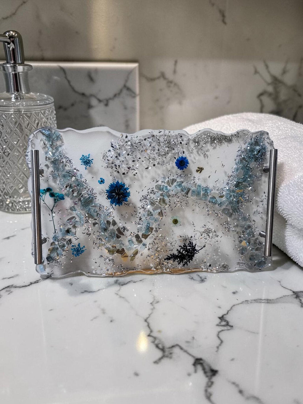 Hand-Designed Clear Acrylic Decor Tray with blue/silver crystals and blue encased floral