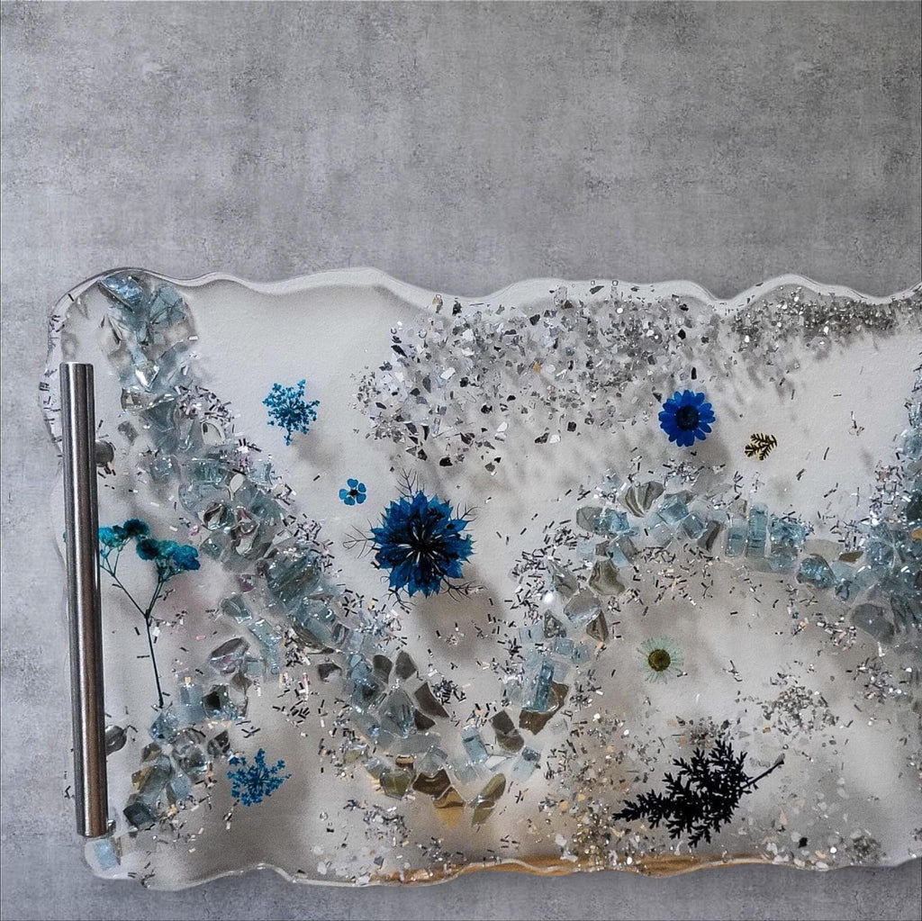 Hand-Designed Clear Acrylic Decor Tray with blue/silver crystals and blue encased floral