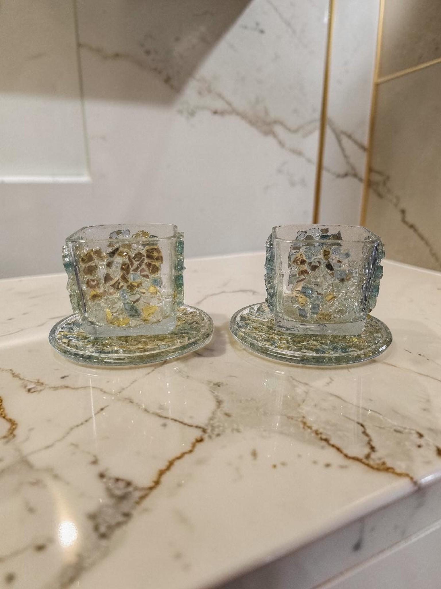 Blue/Gold Crystallized Votive Candle Holders - Handcrafted 3D Pair