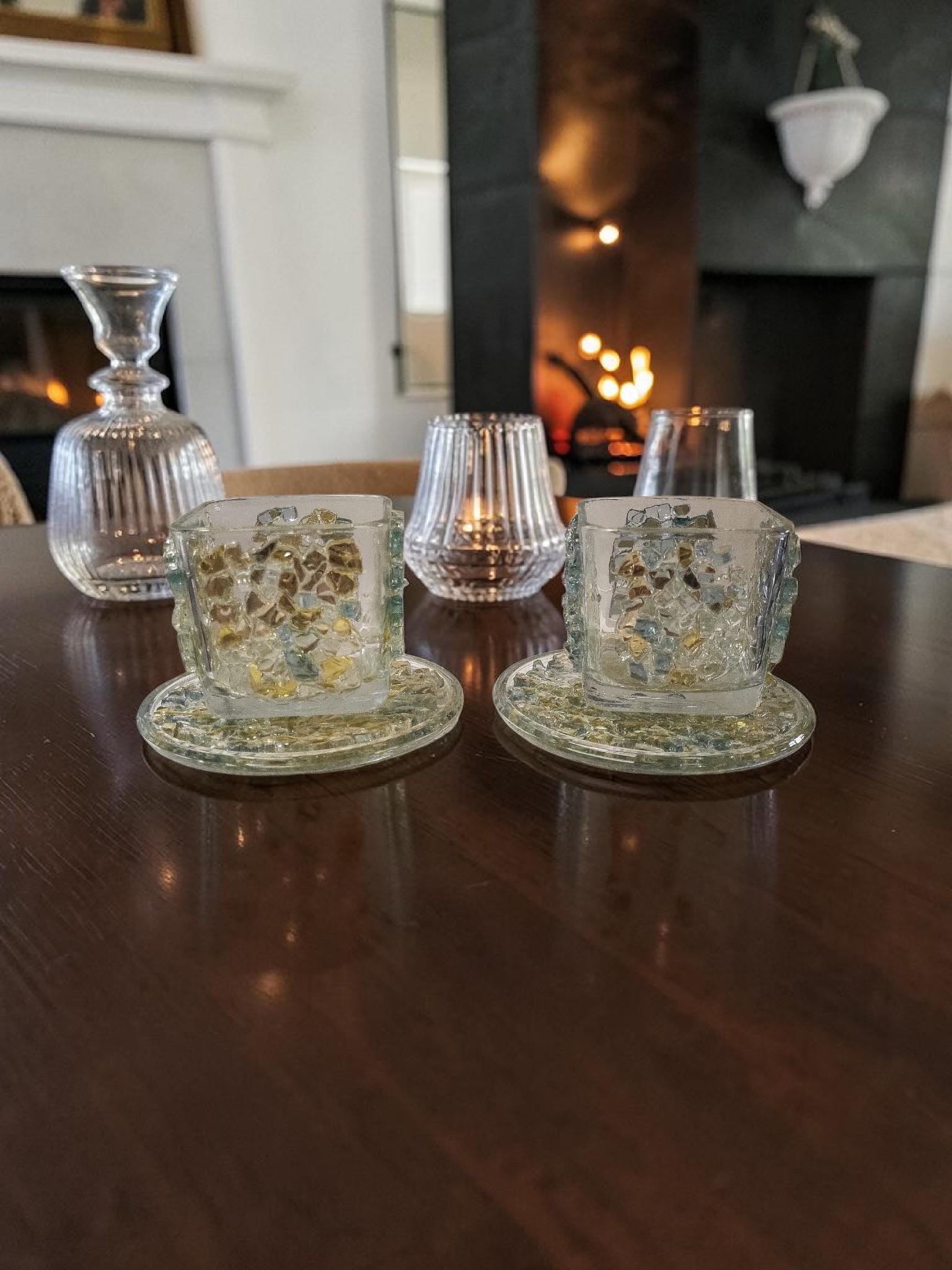 Blue/Gold Crystallized Votive Candle Holders - Handcrafted 3D Pair