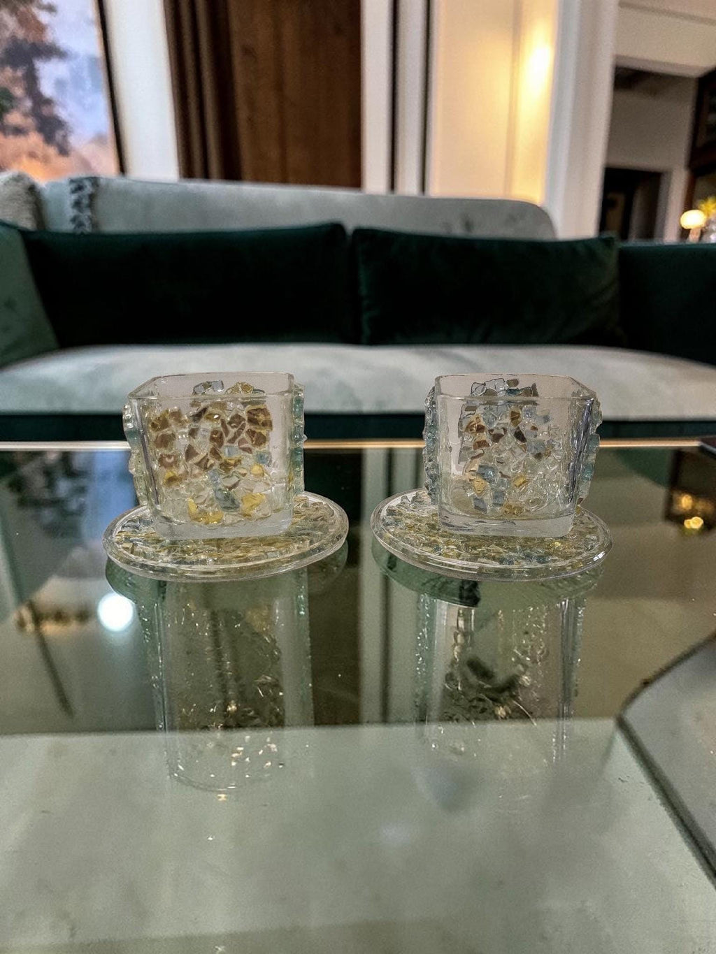 Blue/Gold Crystallized Votive Candle Holders - Handcrafted 3D Pair