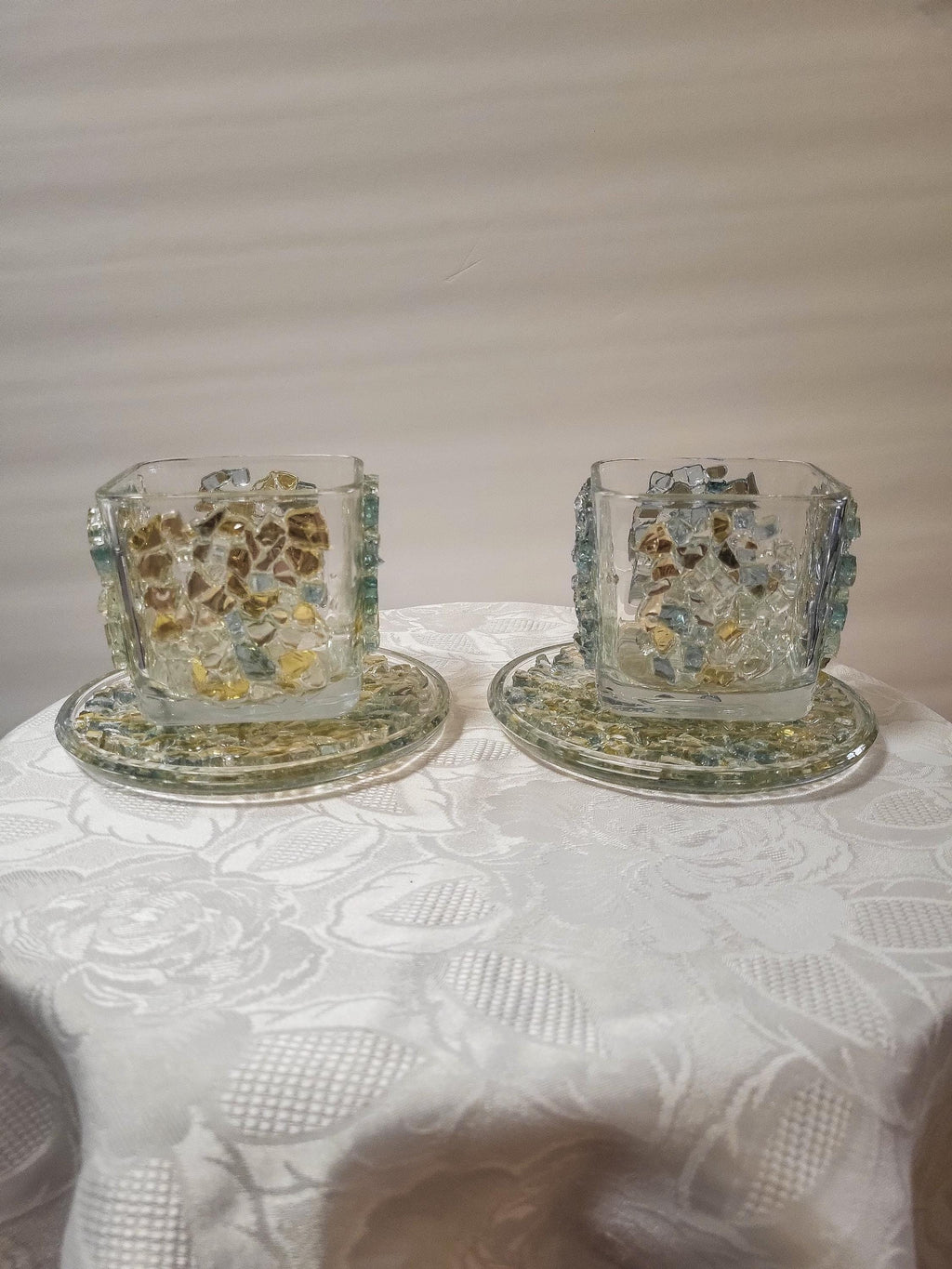 Blue/Gold Crystallized Votive Candle Holders - Handcrafted 3D Pair