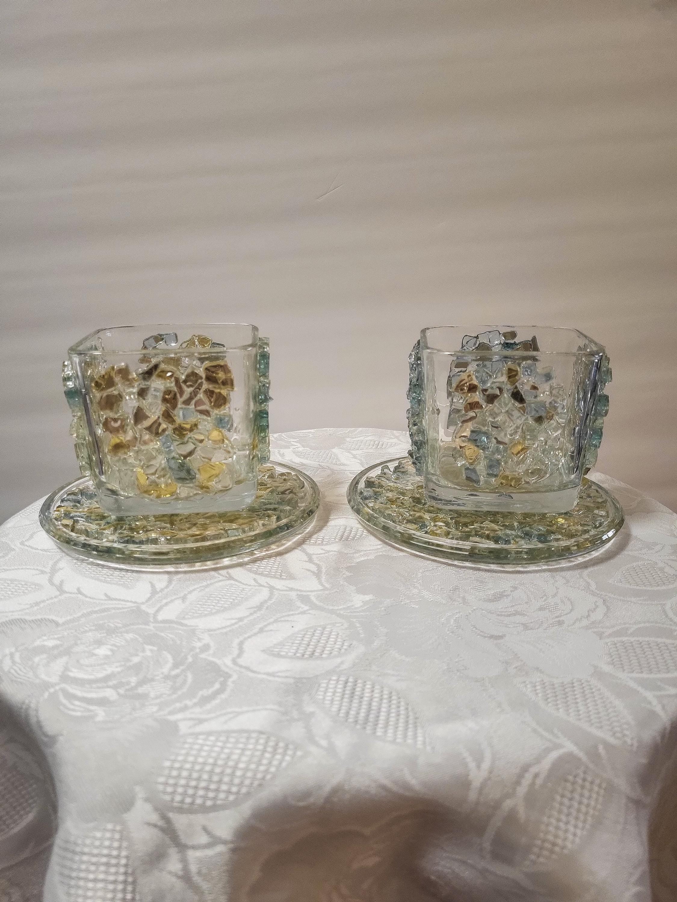 Blue/Gold Crystallized Votive Candle Holders - Handcrafted 3D Pair