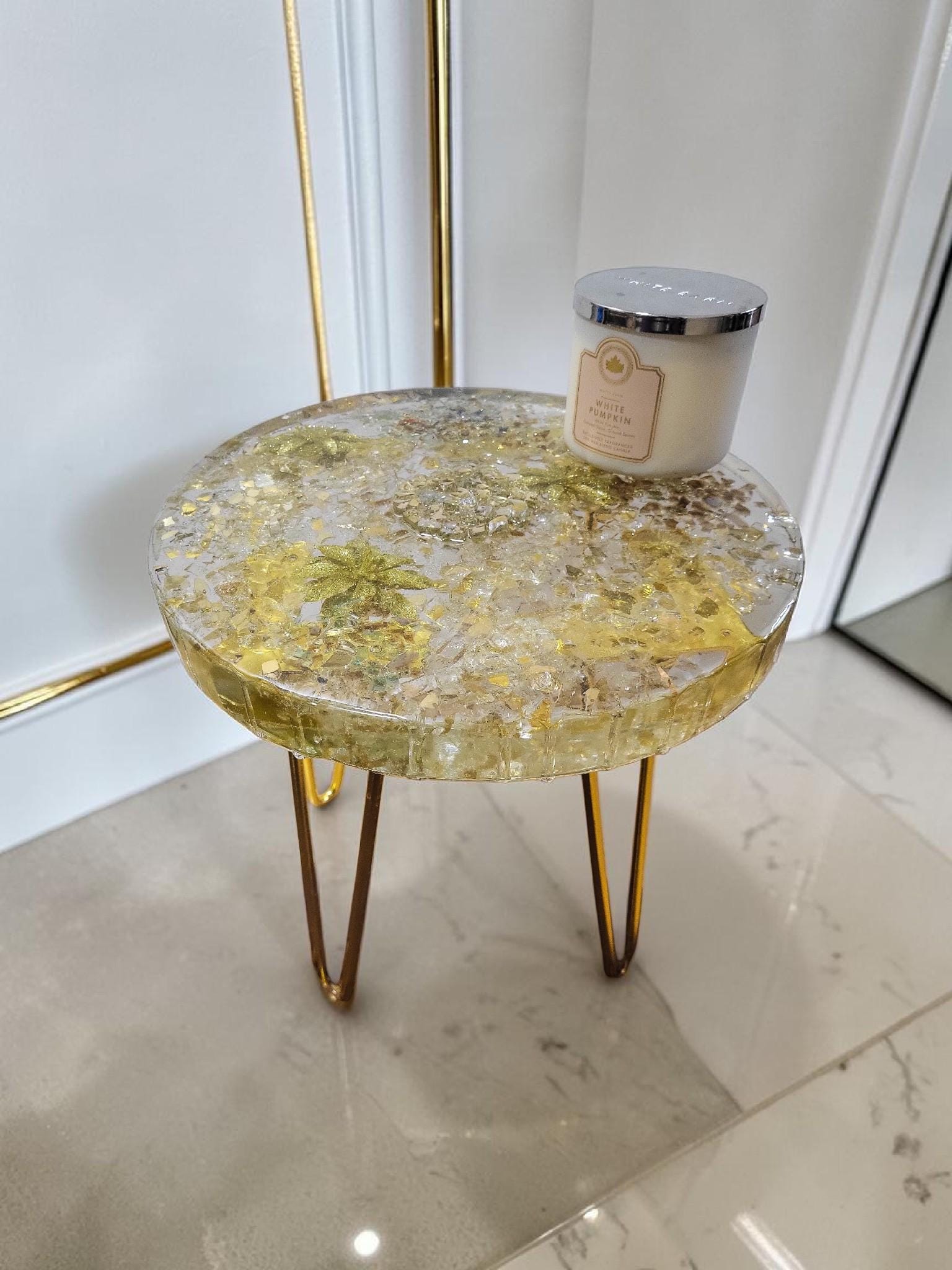Golden hand-designed Resin Artwork Table with encased Crystals: Accent Decor Table