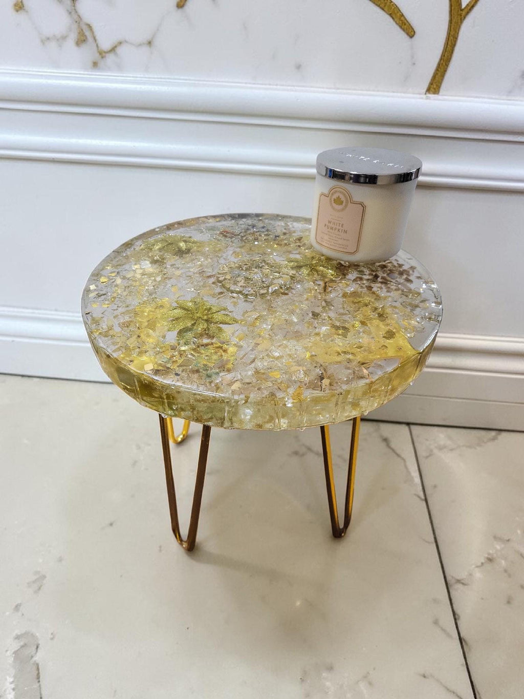 Golden hand-designed Resin Artwork Table with encased Crystals: Accent Decor Table
