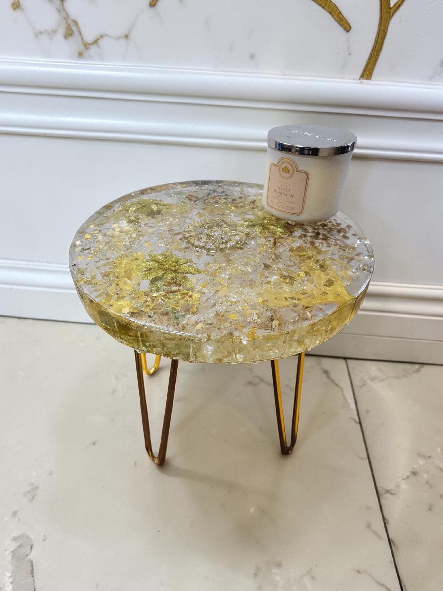 Golden hand-designed Resin Artwork Table with encased Crystals: Accent Decor Table
