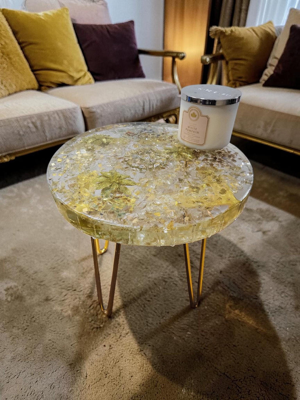 Golden hand-designed Resin Artwork Table with encased Crystals: Accent Decor Table