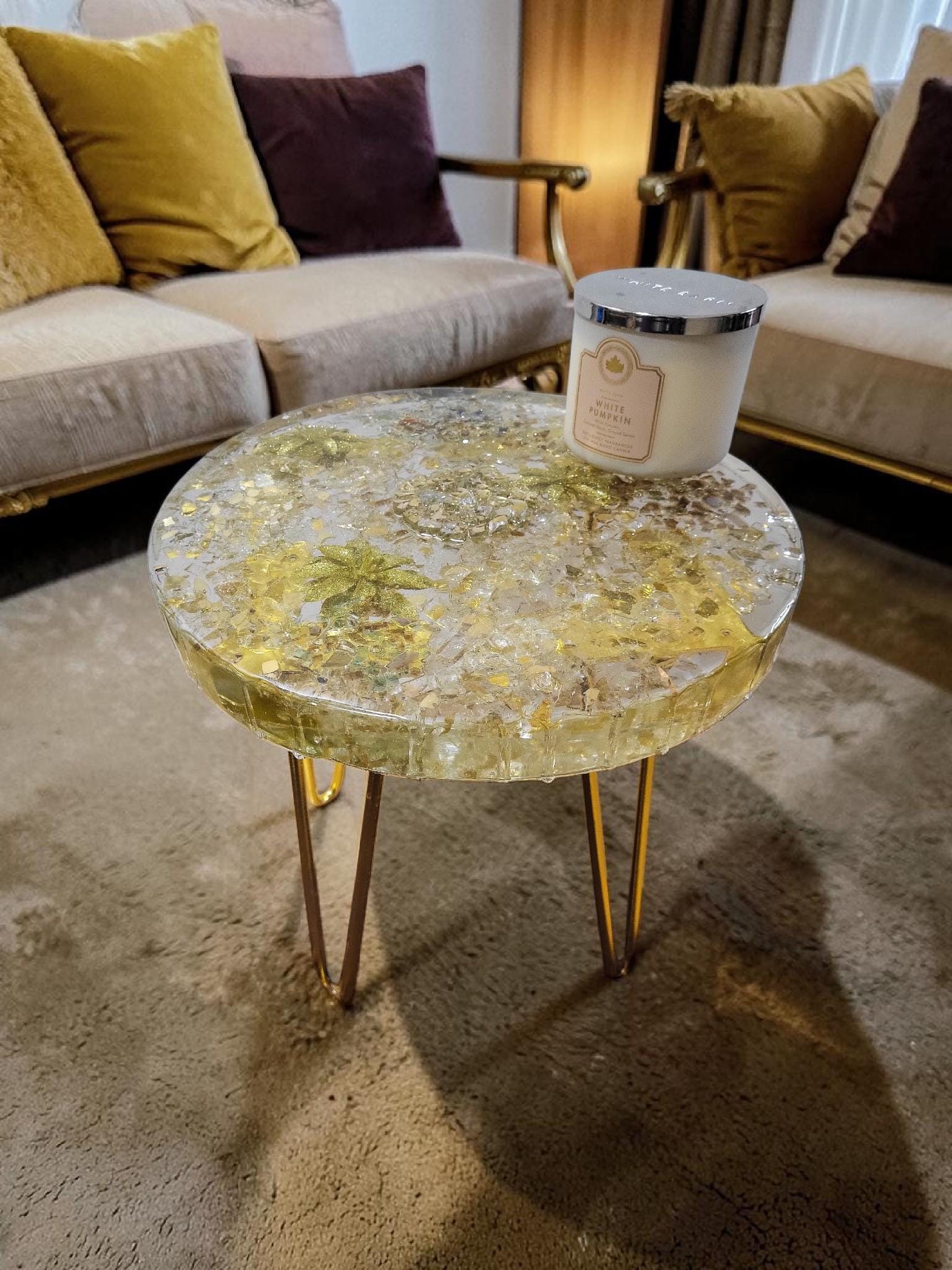 Golden hand-designed Resin Artwork Table with encased Crystals: Accent Decor Table