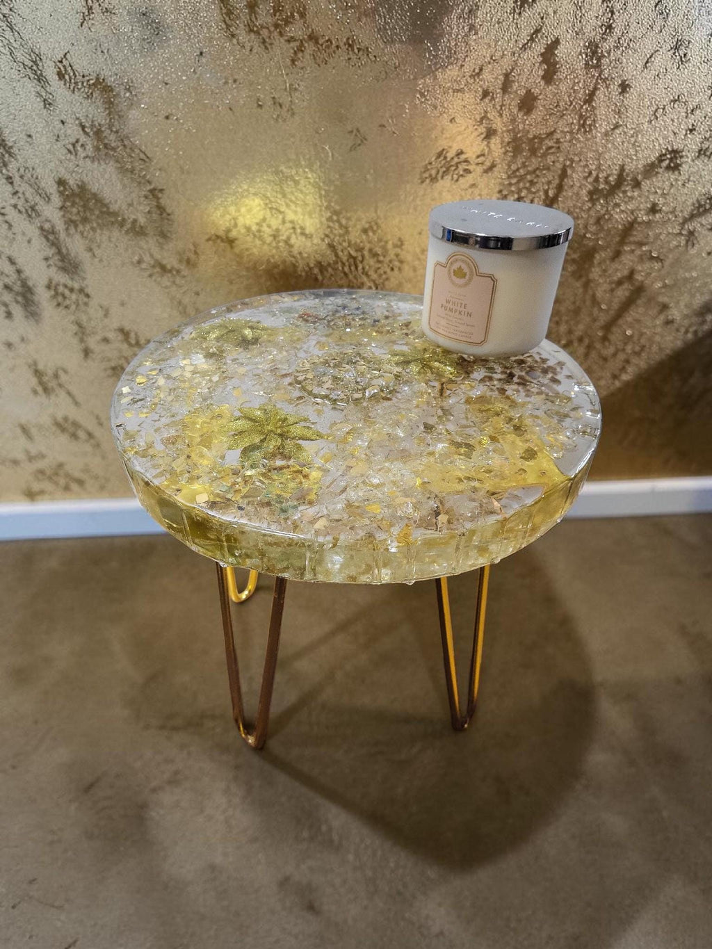 Golden hand-designed Resin Artwork Table with encased Crystals: Accent Decor Table