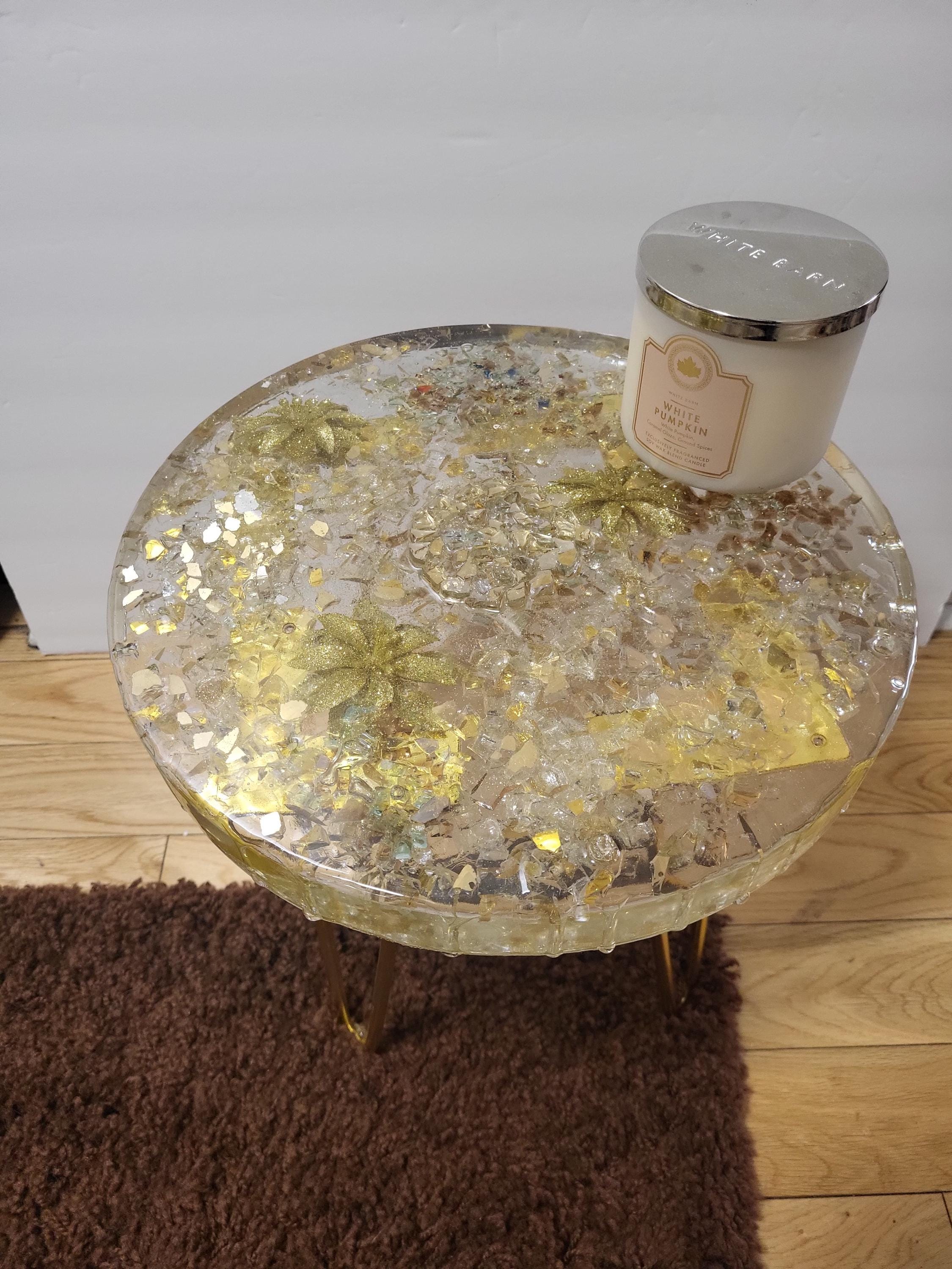 Golden hand-designed Resin Artwork Table with encased Crystals: Accent Decor Table