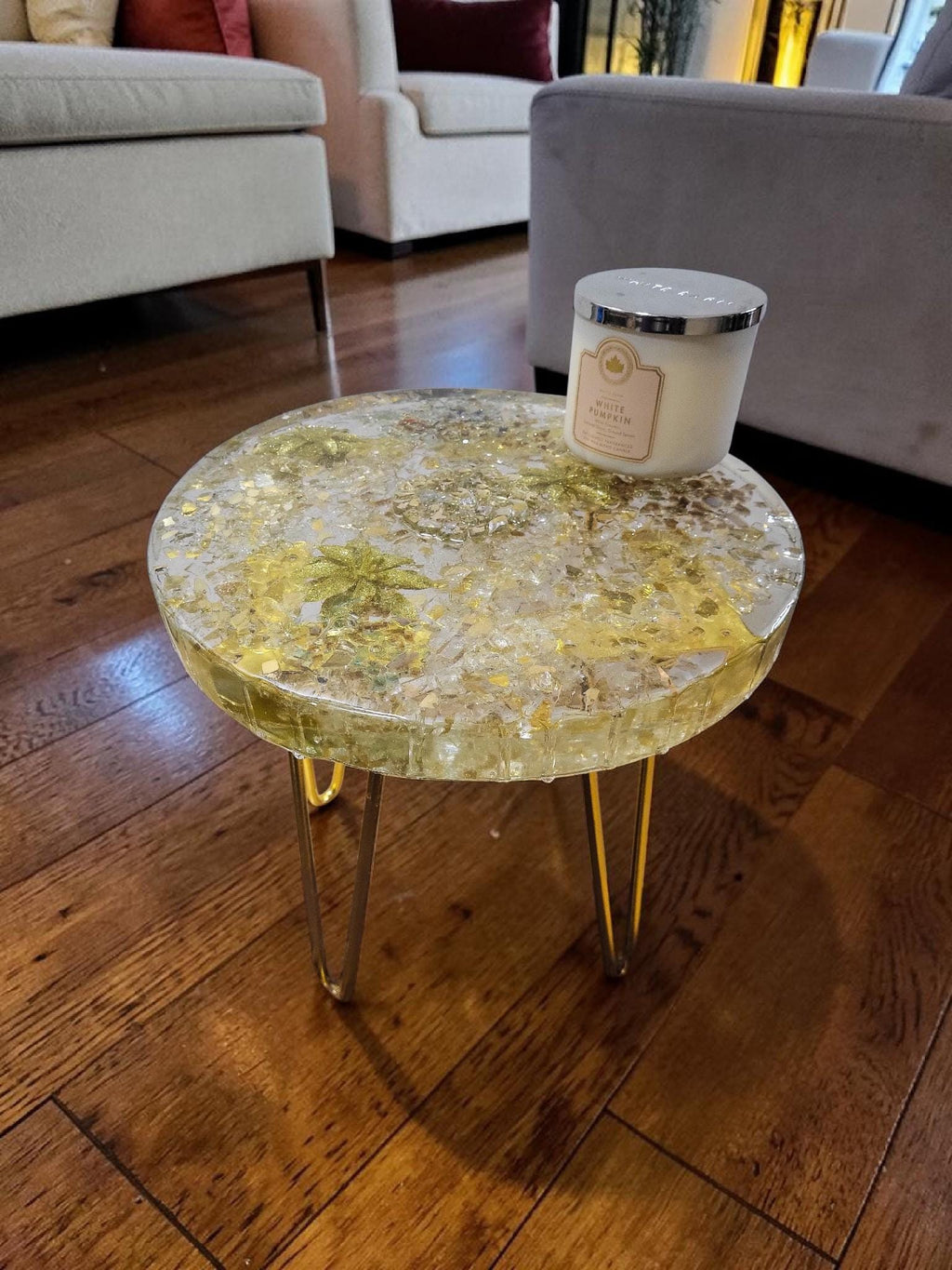 Golden hand-designed Resin Artwork Table with encased Crystals: Accent Decor Table